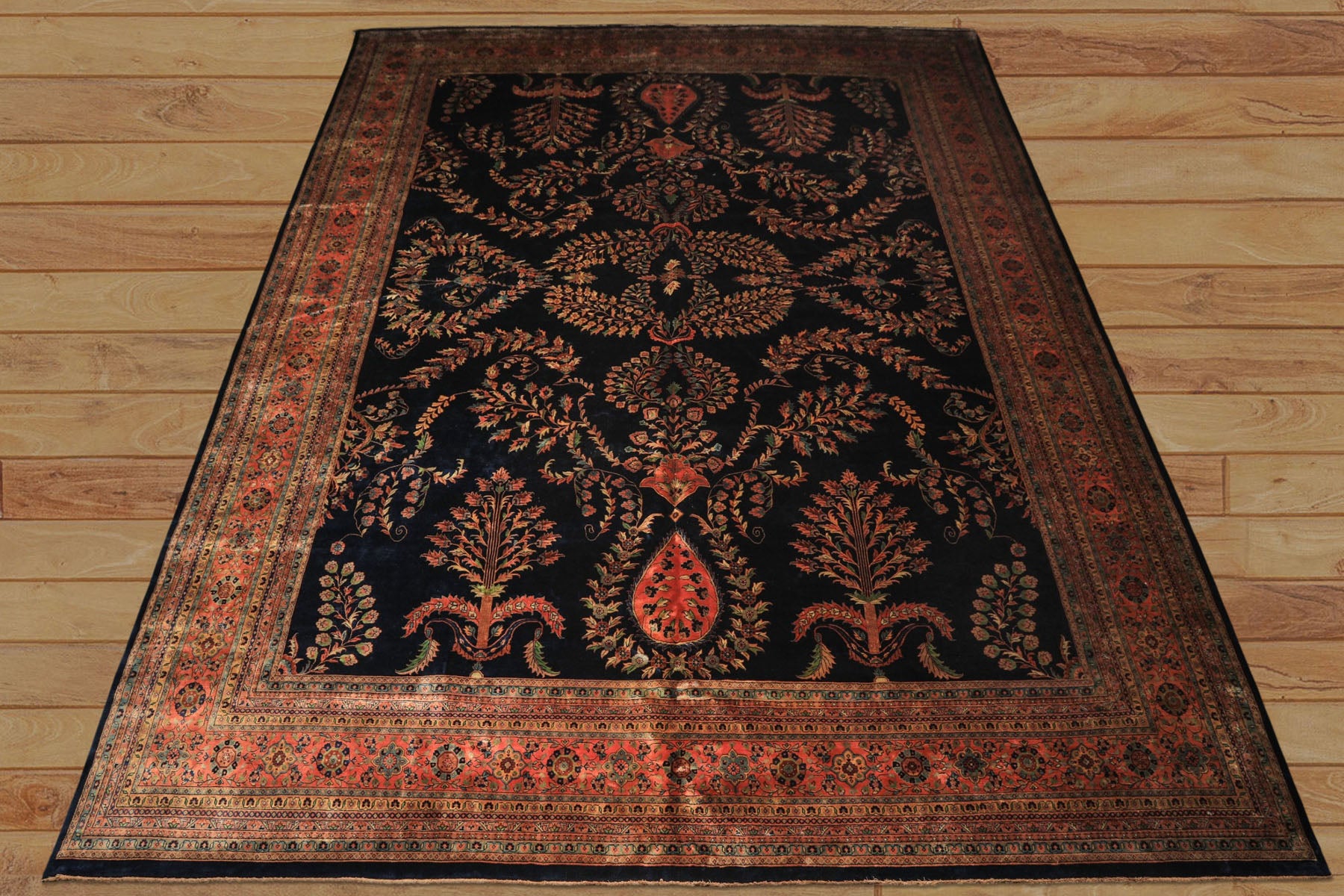 Palace Royal Blue, Rose, Aqua Color Hand Knotted Sarouk New Zealand Wool Traditional Oriental Rug