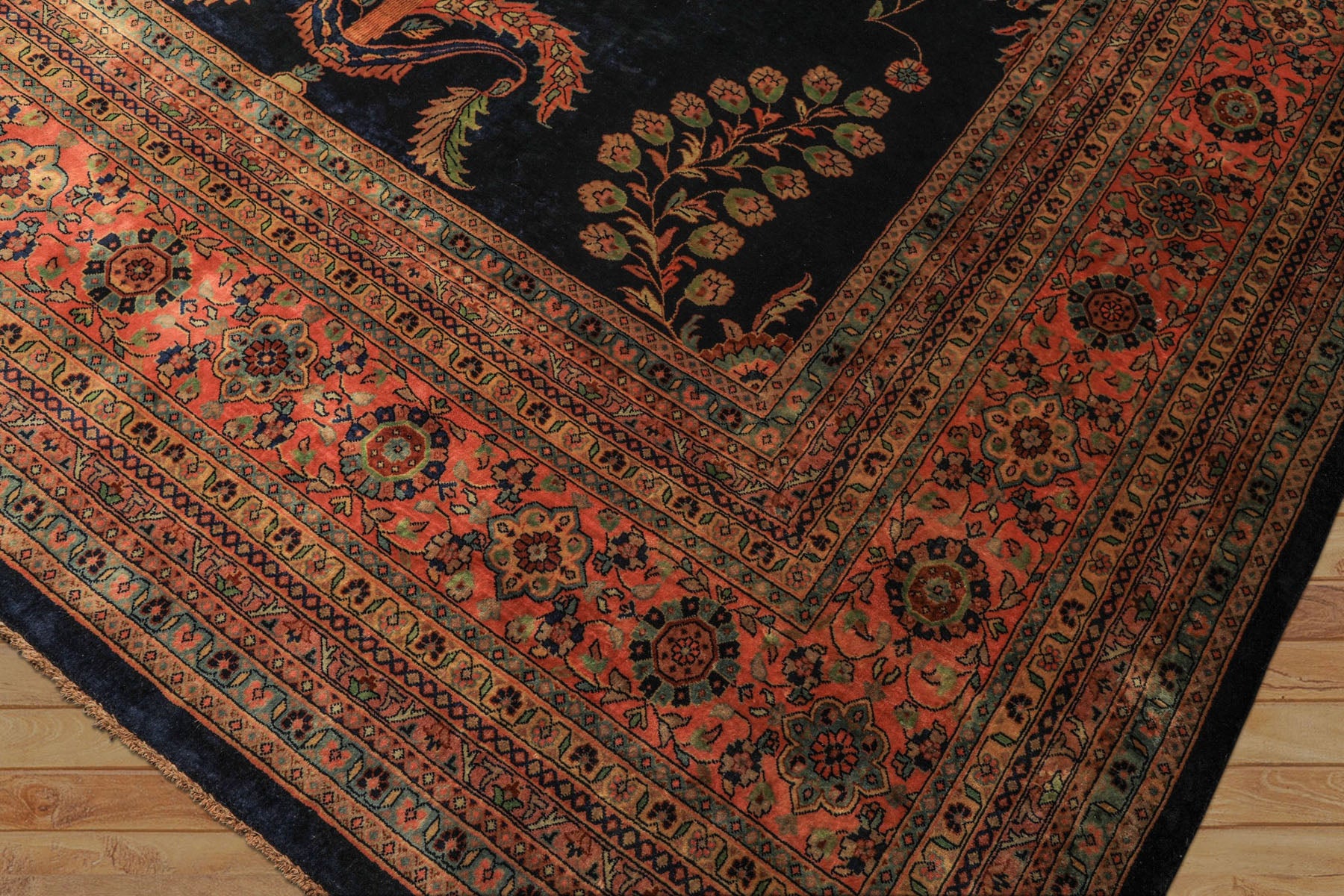 Palace Royal Blue, Rose, Aqua Color Hand Knotted Sarouk New Zealand Wool Traditional Oriental Rug