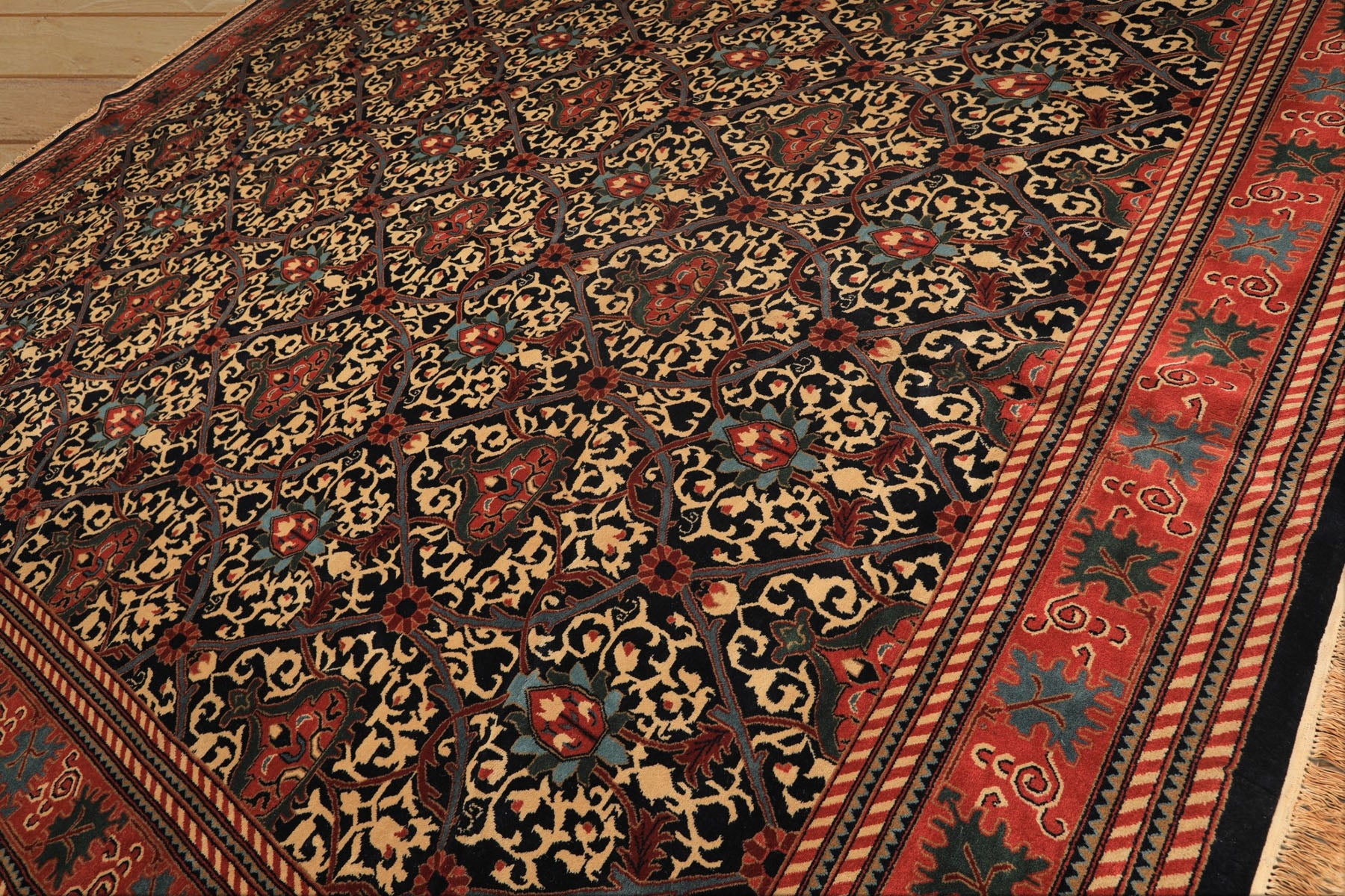 12x15 Mid Night Blue, Rose, Ivory Color Hand Knotted Indo Persian Wool Traditional Oriental Rug