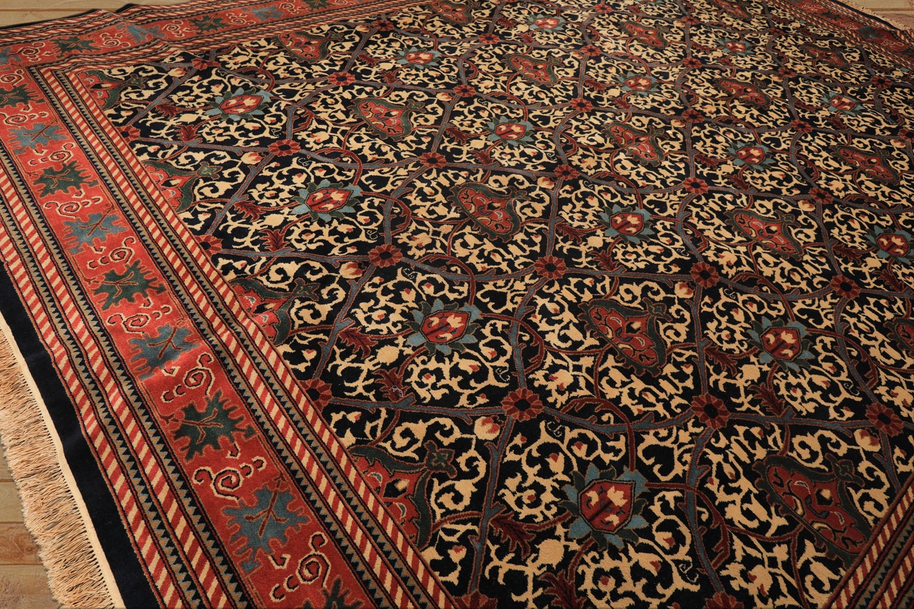 12x15 Mid Night Blue, Rose, Ivory Color Hand Knotted Indo Persian Wool Traditional Oriental Rug