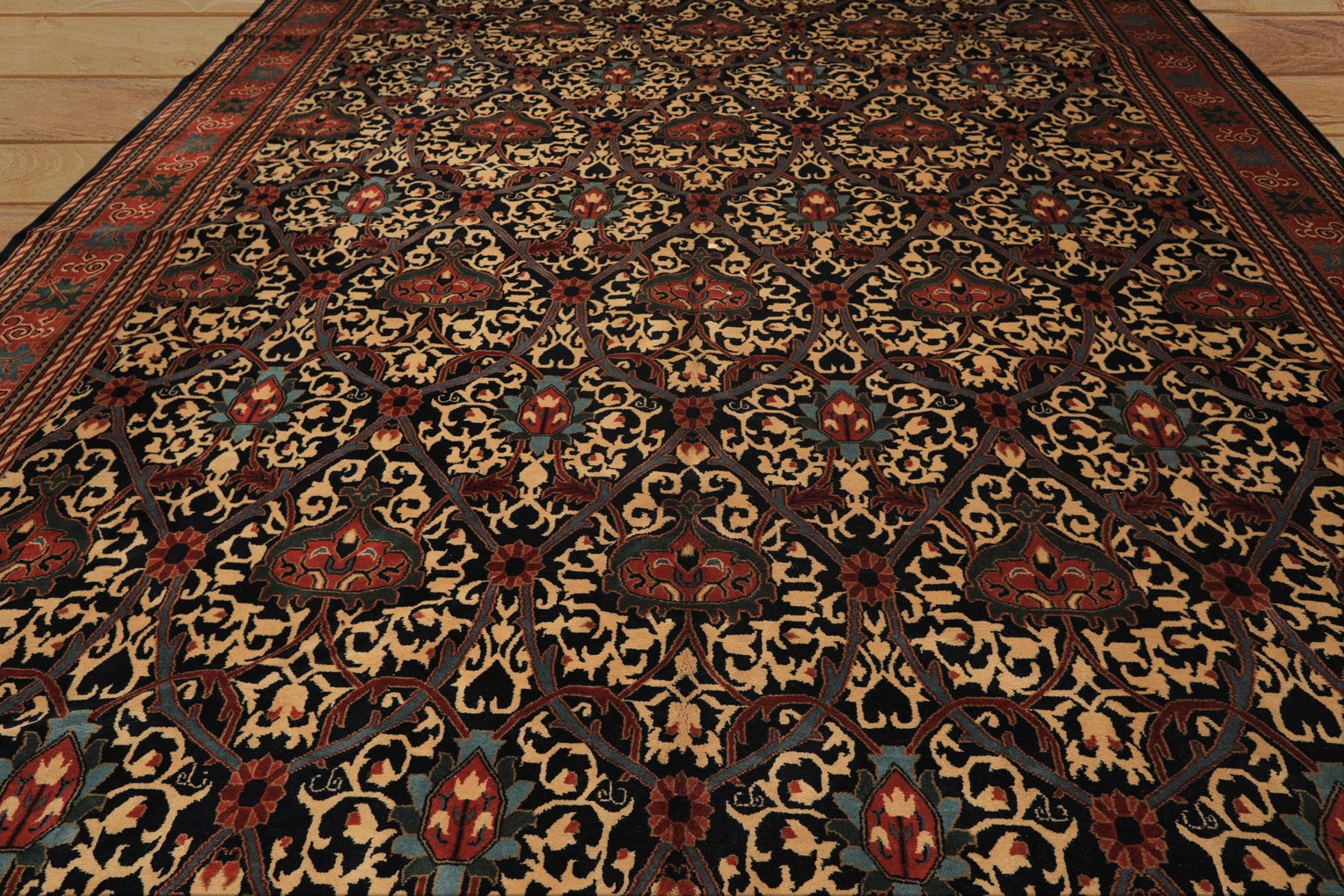12x15 Mid Night Blue, Rose, Ivory Color Hand Knotted Indo Persian Wool Traditional Oriental Rug