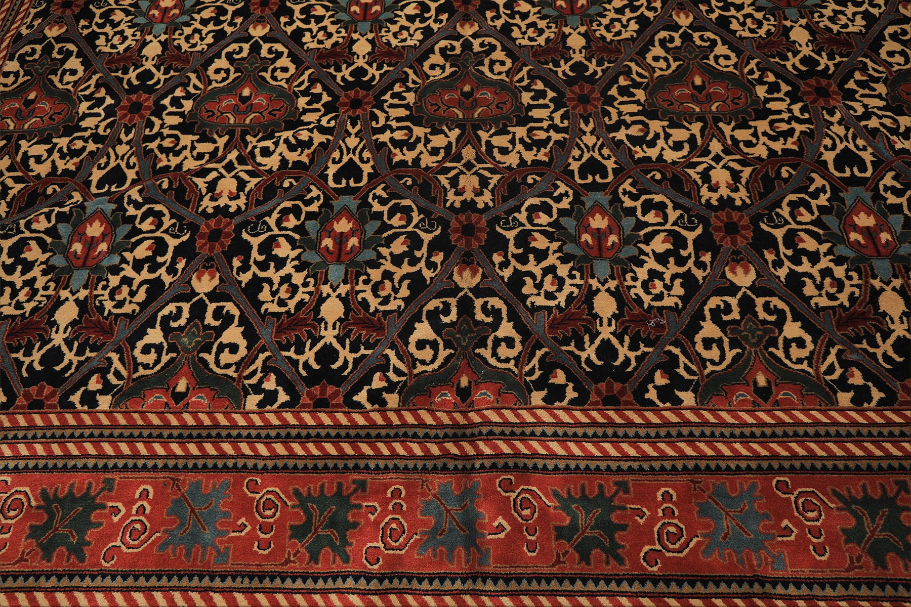 12x15 Mid Night Blue, Rose, Ivory Color Hand Knotted Indo Persian Wool Traditional Oriental Rug