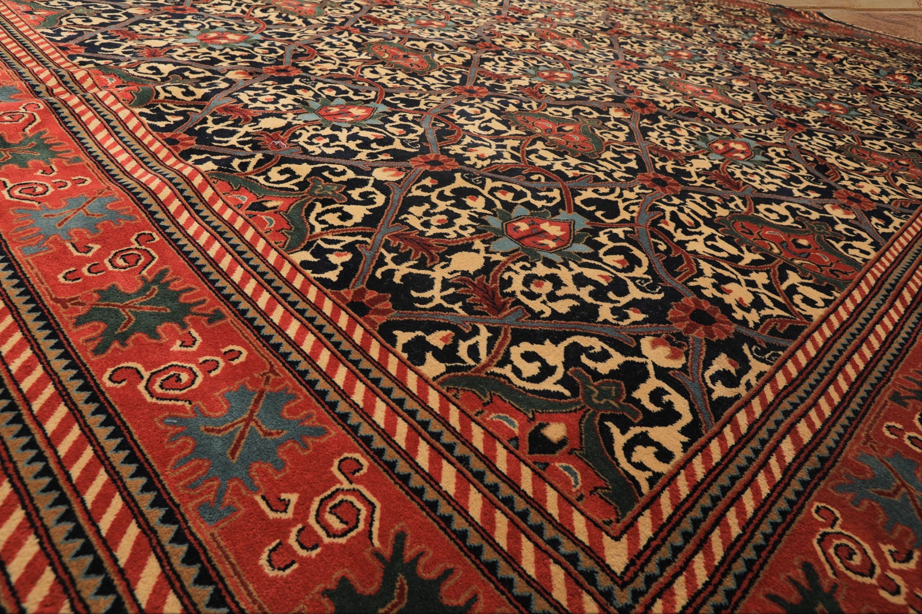 12x15 Mid Night Blue, Rose, Ivory Color Hand Knotted Indo Persian Wool Traditional Oriental Rug