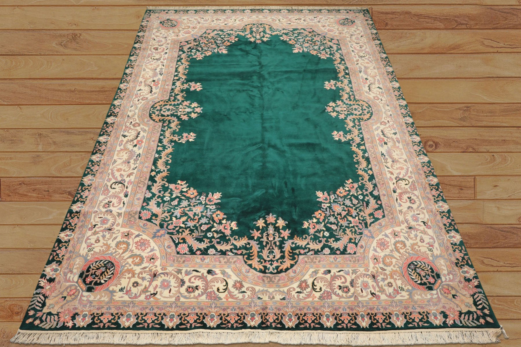 10x14 Emarald, Ivory, Rose Color Hand Knotted Kerman Wool Traditional Oriental Rug