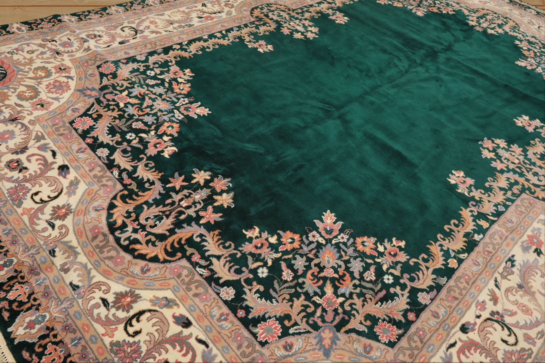 10x14 Emarald, Ivory, Rose Color Hand Knotted Kerman Wool Traditional Oriental Rug