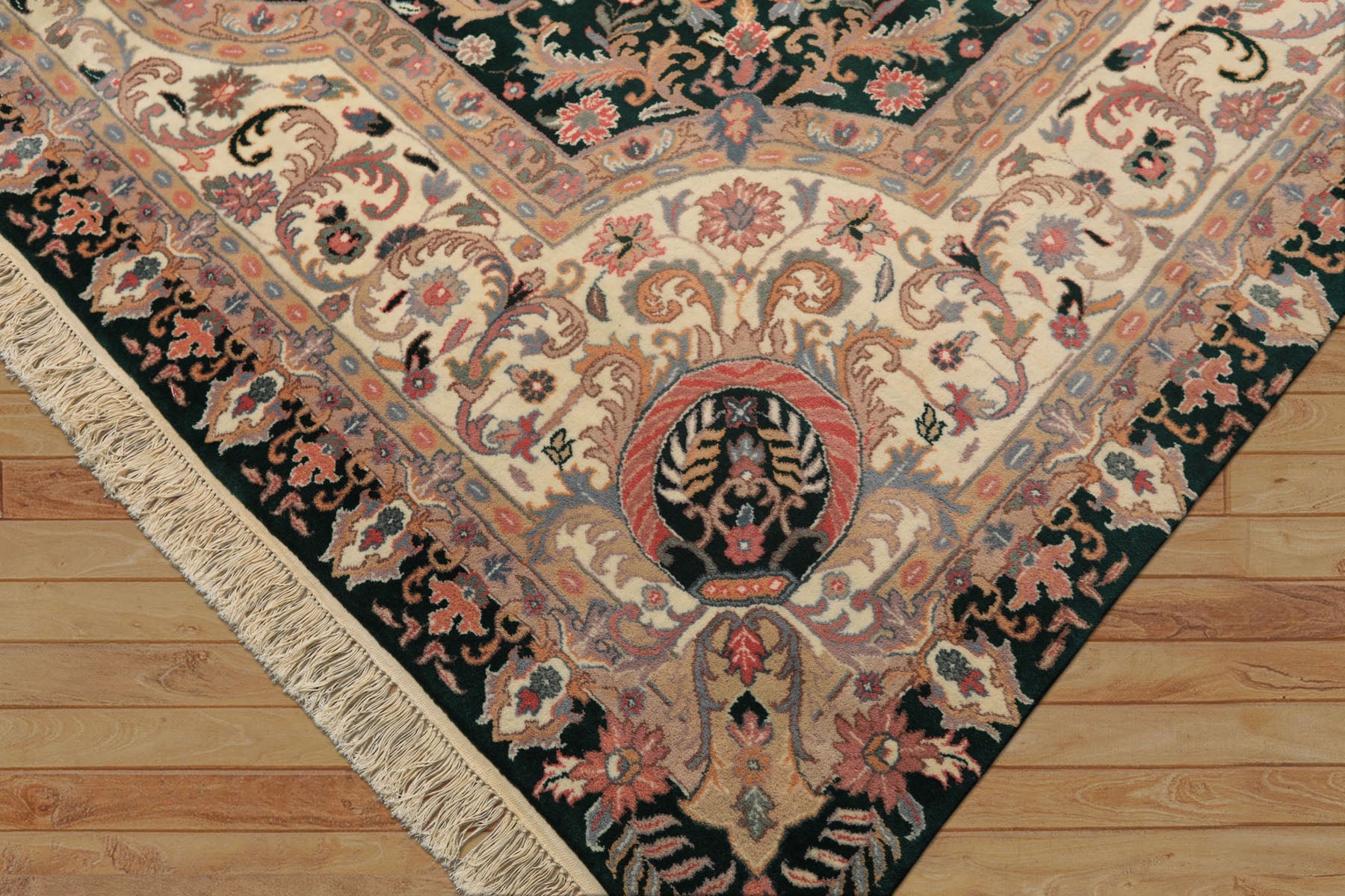 10x14 Emarald, Ivory, Rose Color Hand Knotted Kerman Wool Traditional Oriental Rug