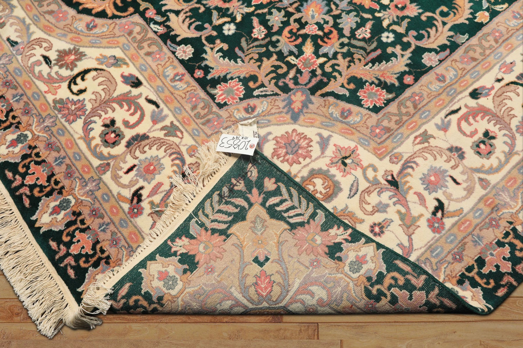 10x14 Emarald, Ivory, Rose Color Hand Knotted Kerman Wool Traditional Oriental Rug