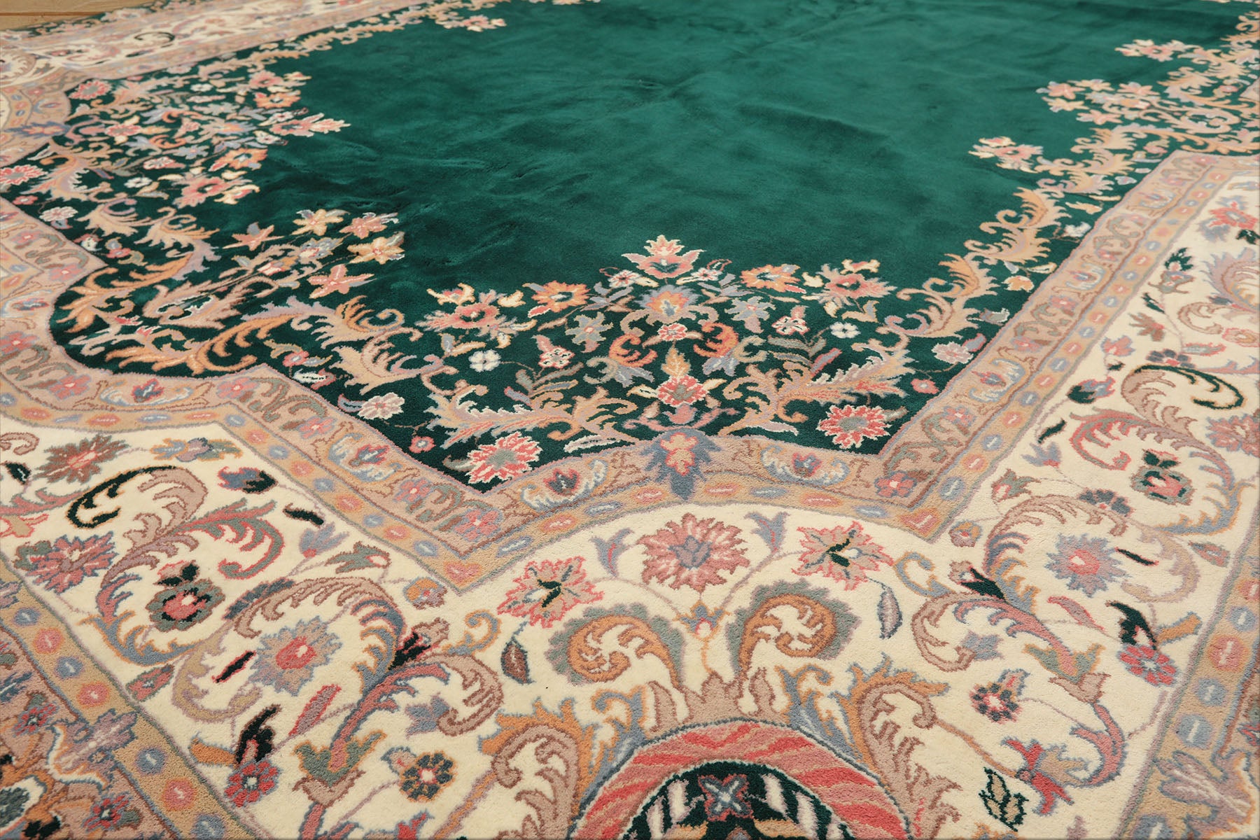 10x14 Emarald, Ivory, Rose Color Hand Knotted Kerman Wool Traditional Oriental Rug