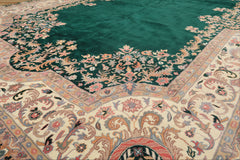 10x14 Emarald, Ivory, Rose Color Hand Knotted Kerman Wool Traditional Oriental Rug