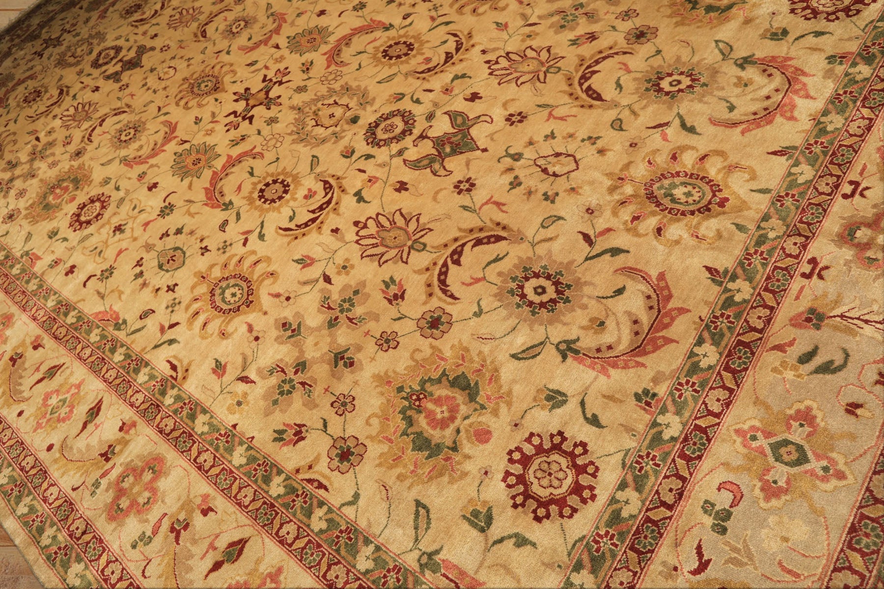 Palace Beige, Moss, Wine Color Hand Knotted Oushak Wool Transitional Oriental Rug