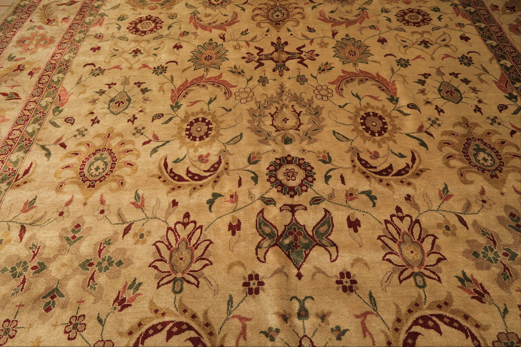 Palace Beige, Moss, Wine Color Hand Knotted Oushak Wool Transitional Oriental Rug
