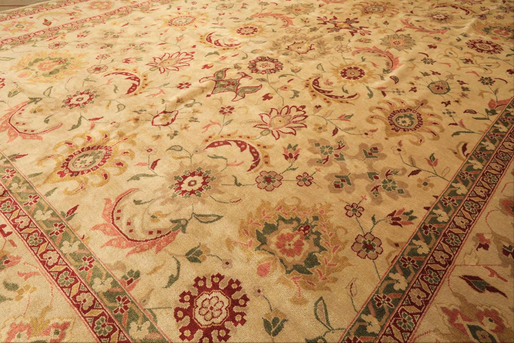 Palace Beige, Moss, Wine Color Hand Knotted Oushak Wool Transitional Oriental Rug