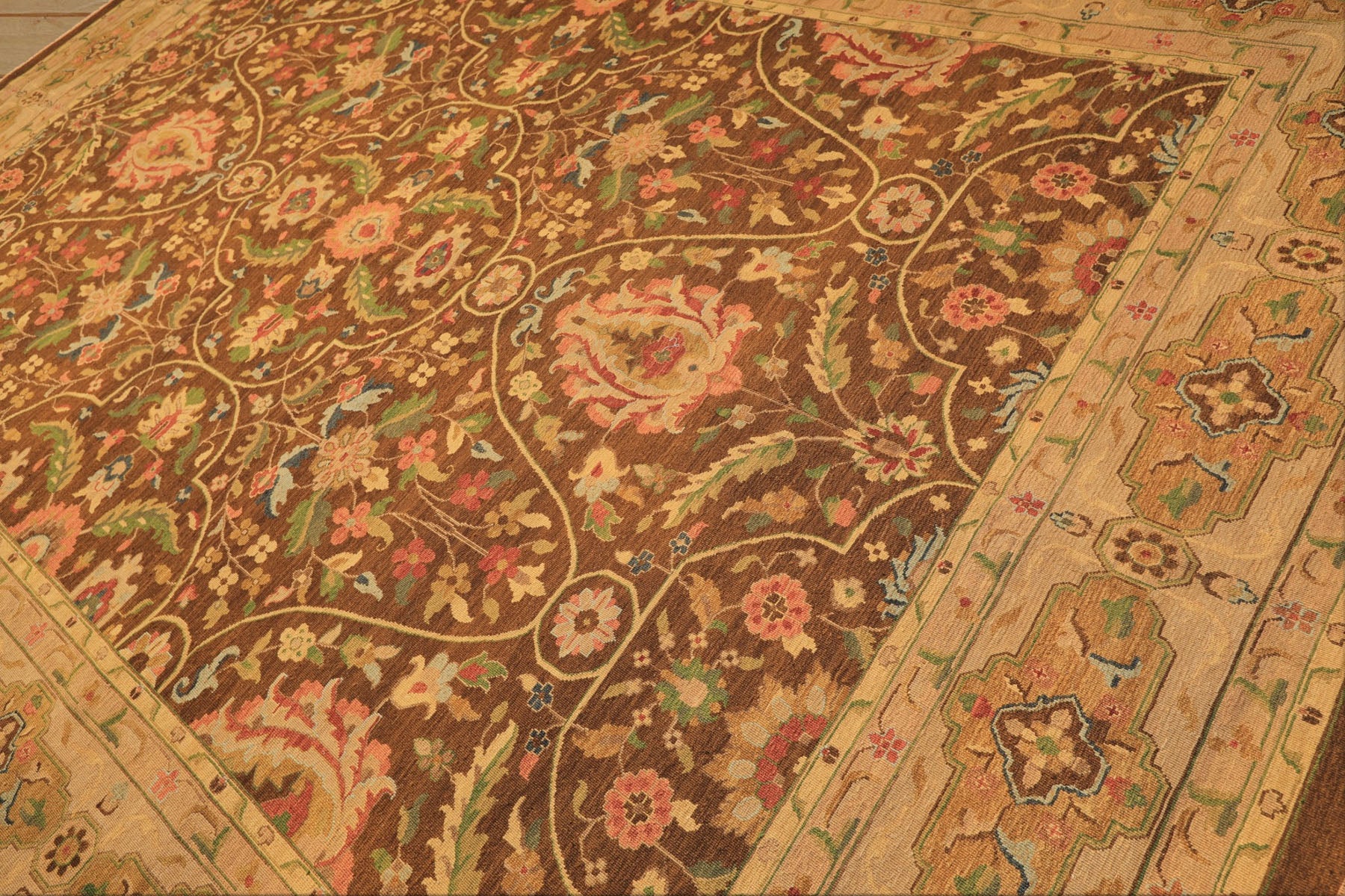 10x14 Brown, Moss, Gold Color Hand Knotted Soumak Wool Transitional Oriental Rug