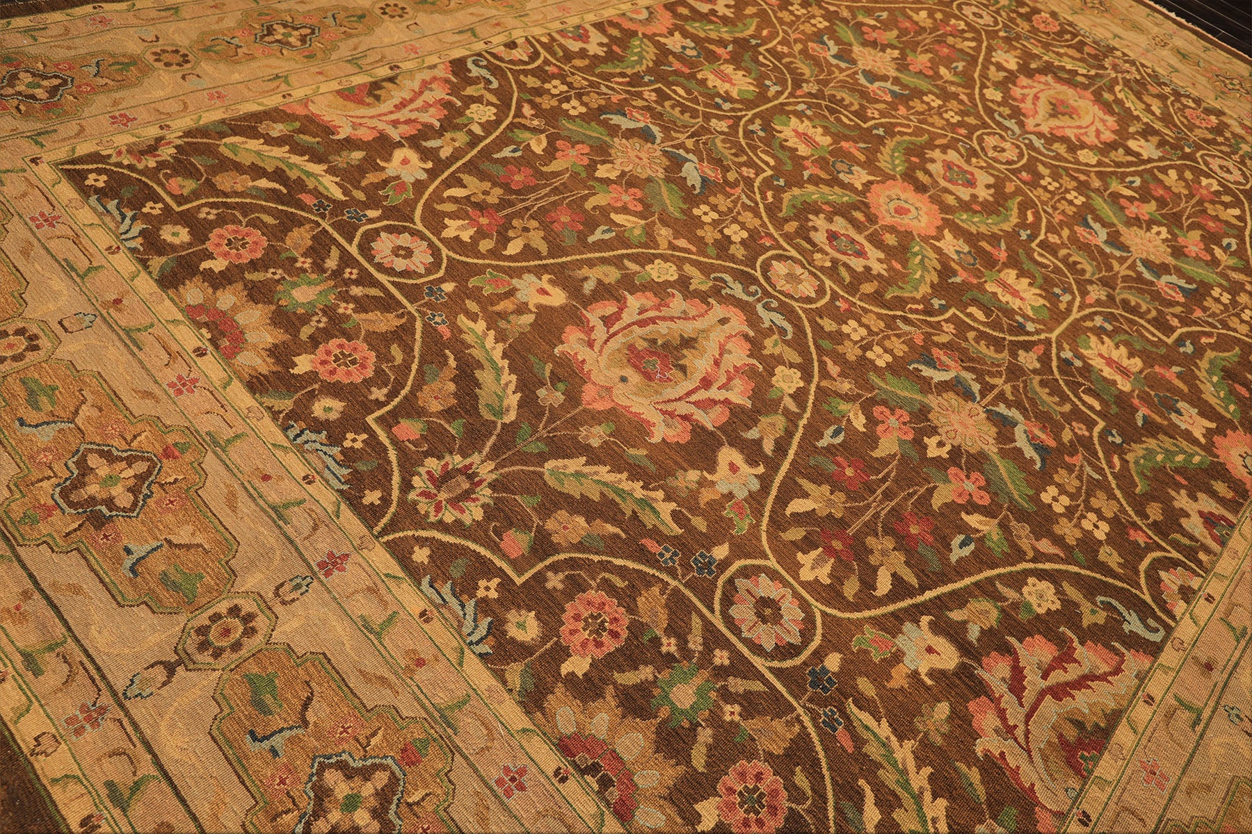 10x14 Brown, Moss, Gold Color Hand Knotted Soumak Wool Transitional Oriental Rug