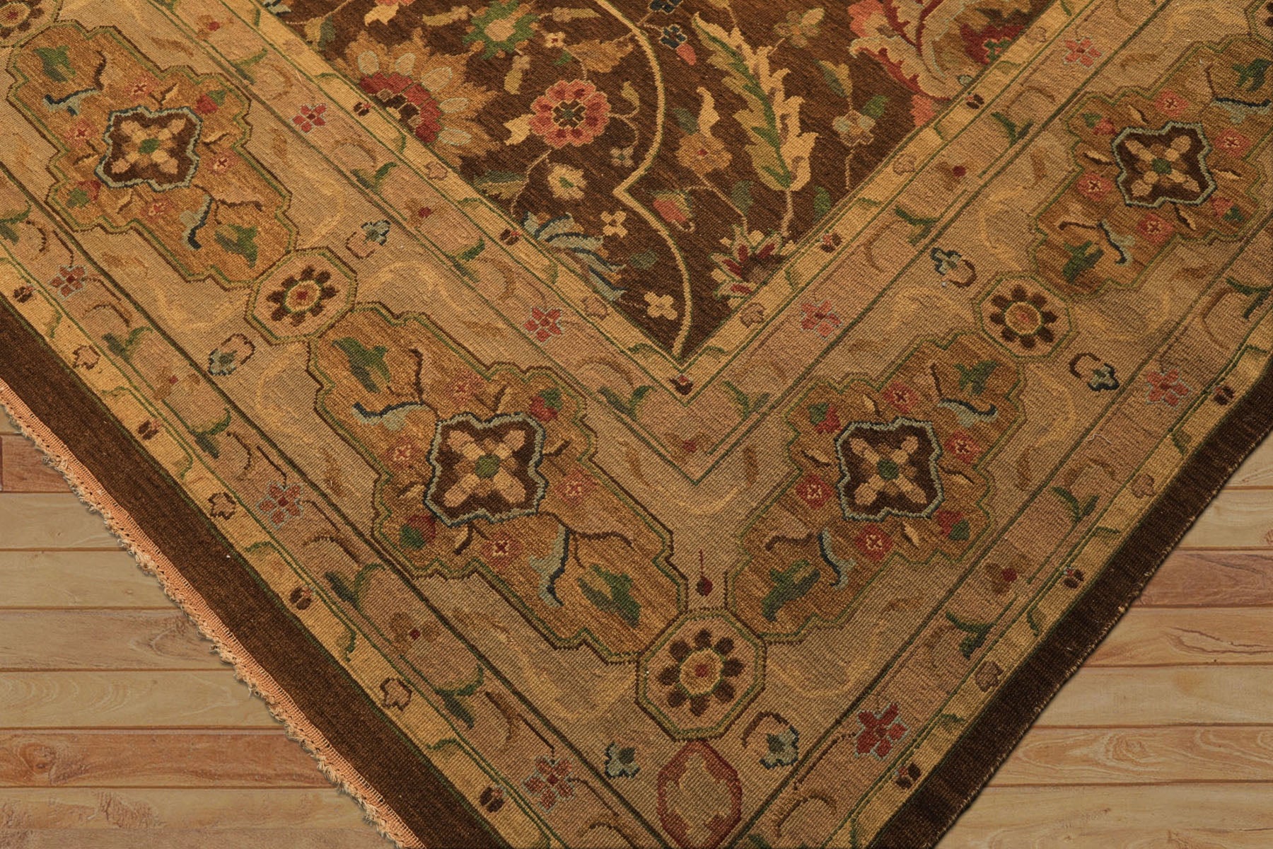 10x14 Brown, Moss, Gold Color Hand Knotted Soumak Wool Transitional Oriental Rug
