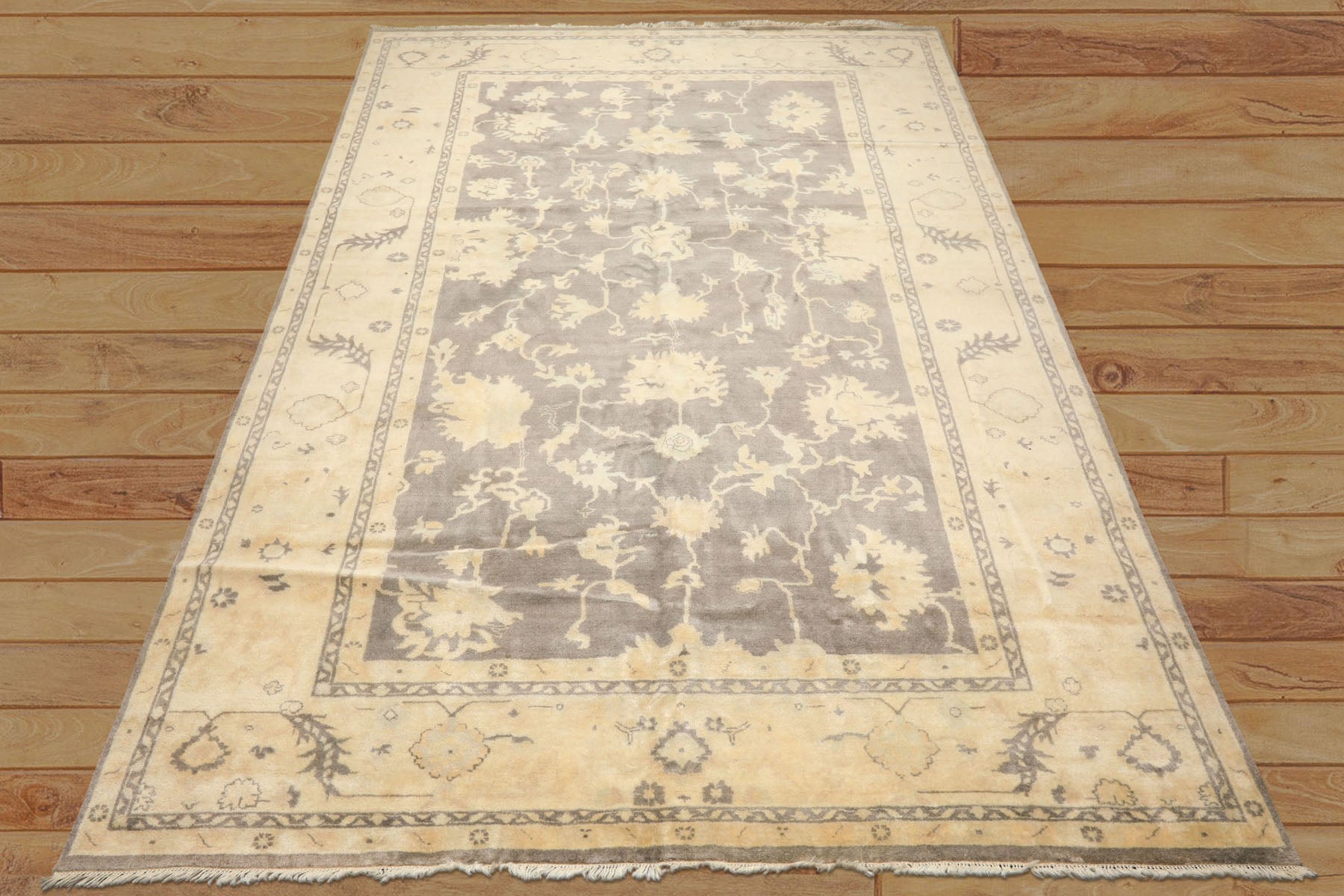 Palace Gray, Ivory, Light Gold Color Hand Knotted Oushak Wool Transitional Oriental Rug