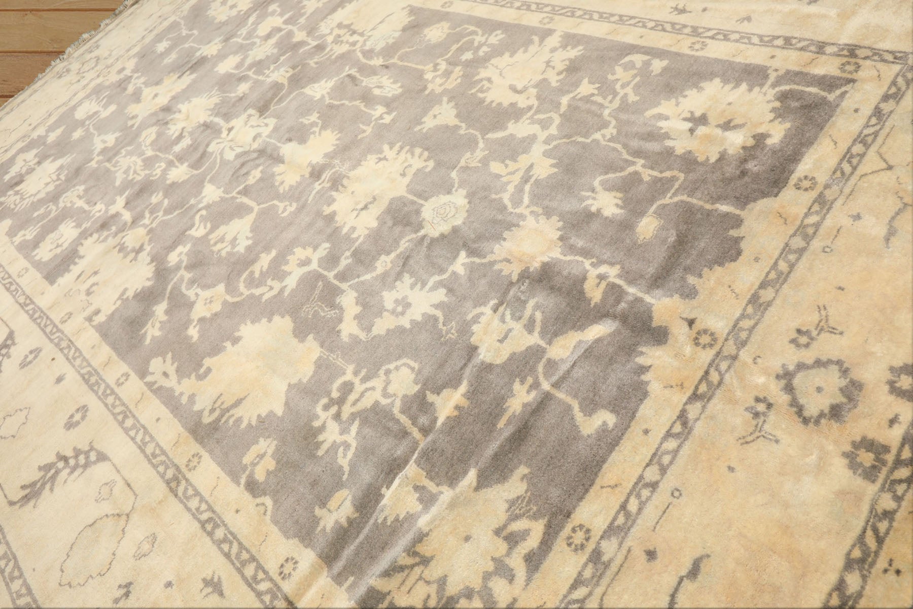 Palace Gray, Ivory, Light Gold Color Hand Knotted Oushak Wool Transitional Oriental Rug
