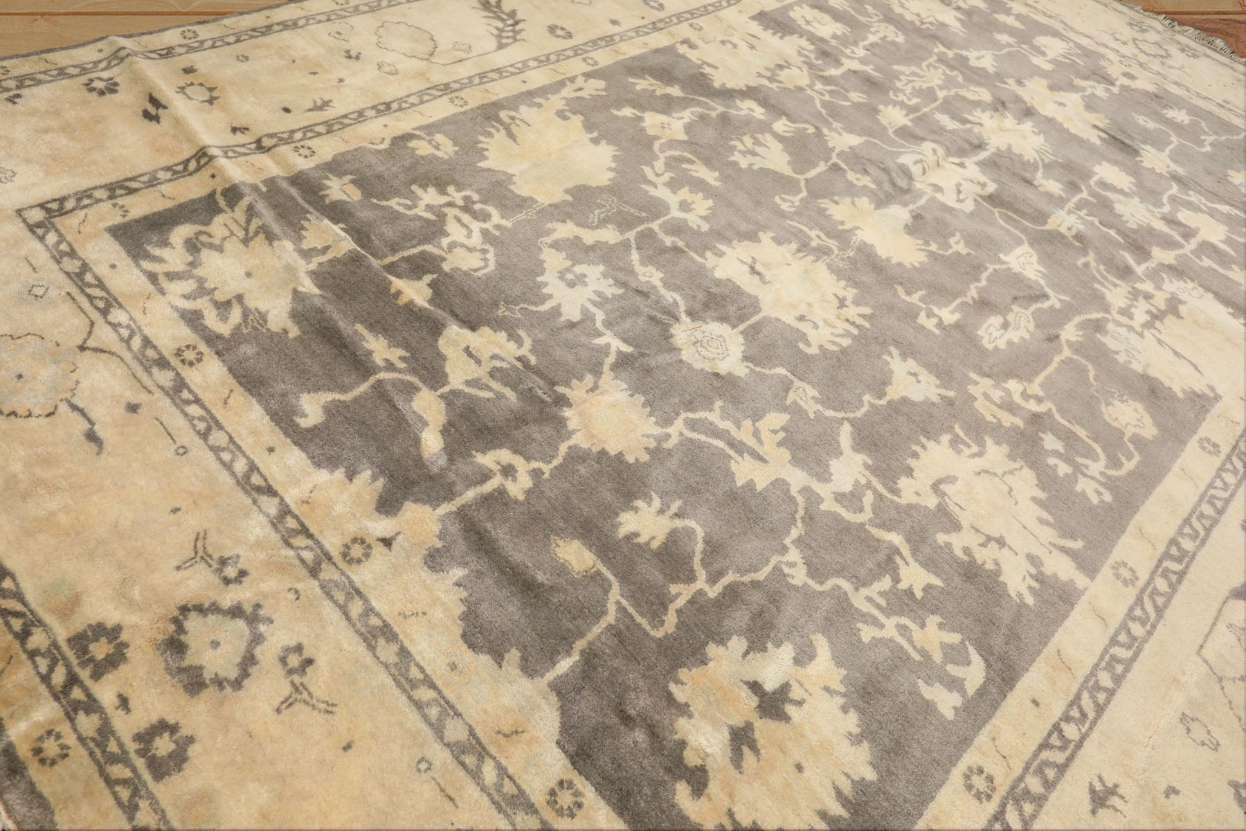 Palace Gray, Ivory, Light Gold Color Hand Knotted Oushak Wool Transitional Oriental Rug