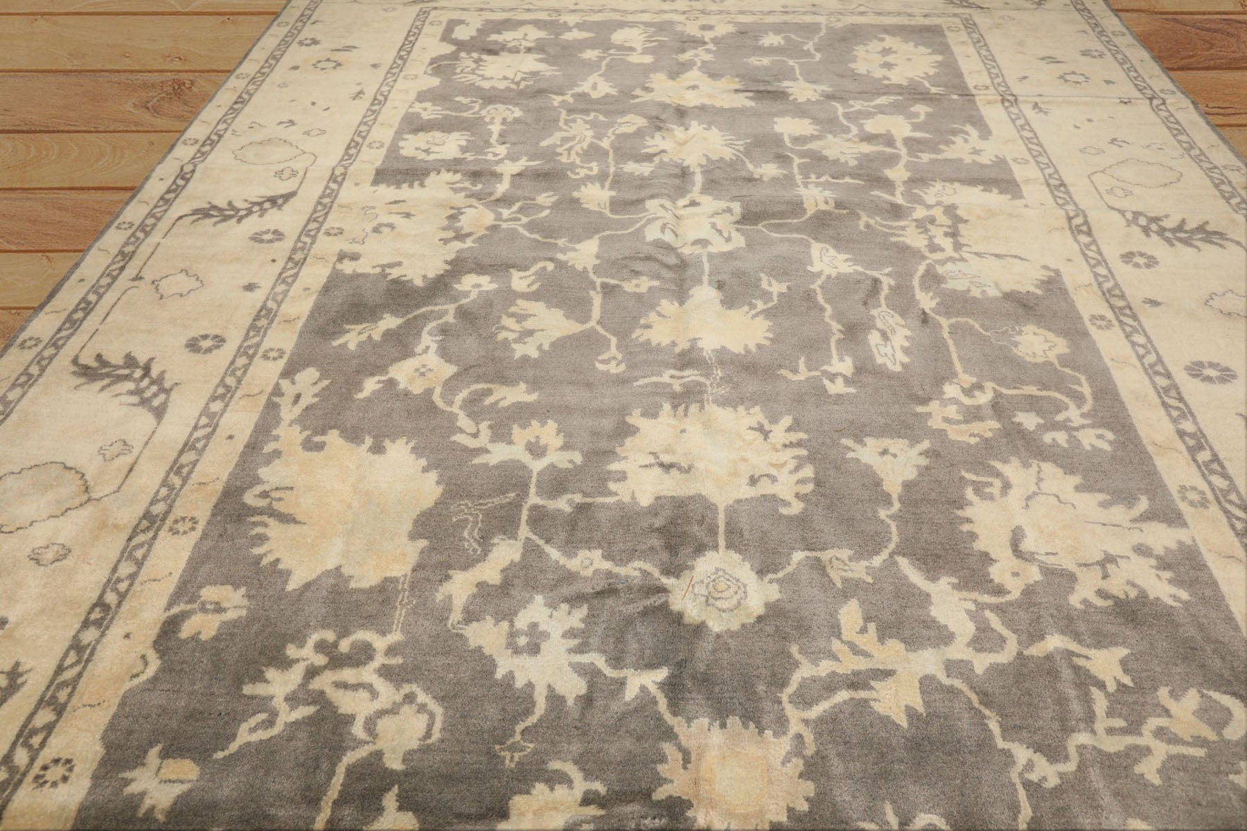 Palace Gray, Ivory, Light Gold Color Hand Knotted Oushak Wool Transitional Oriental Rug
