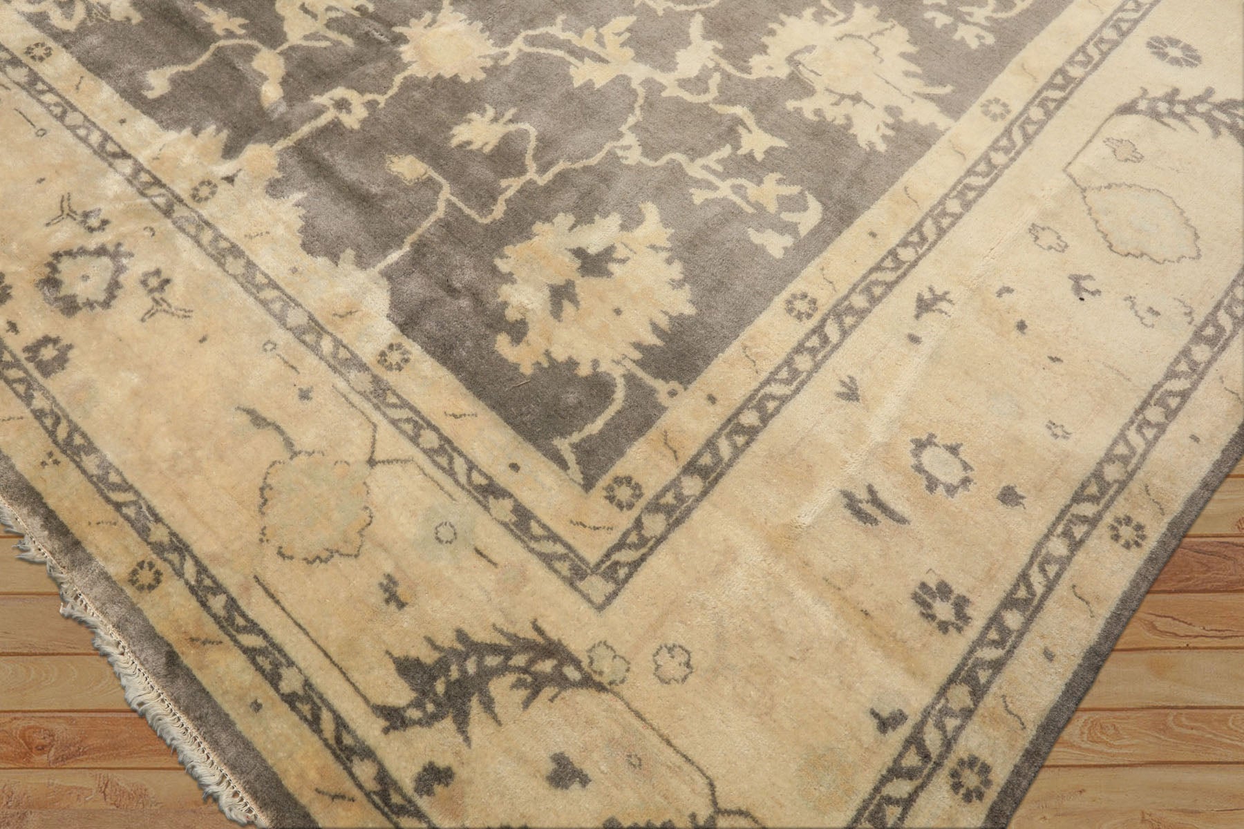 Palace Gray, Ivory, Light Gold Color Hand Knotted Oushak Wool Transitional Oriental Rug