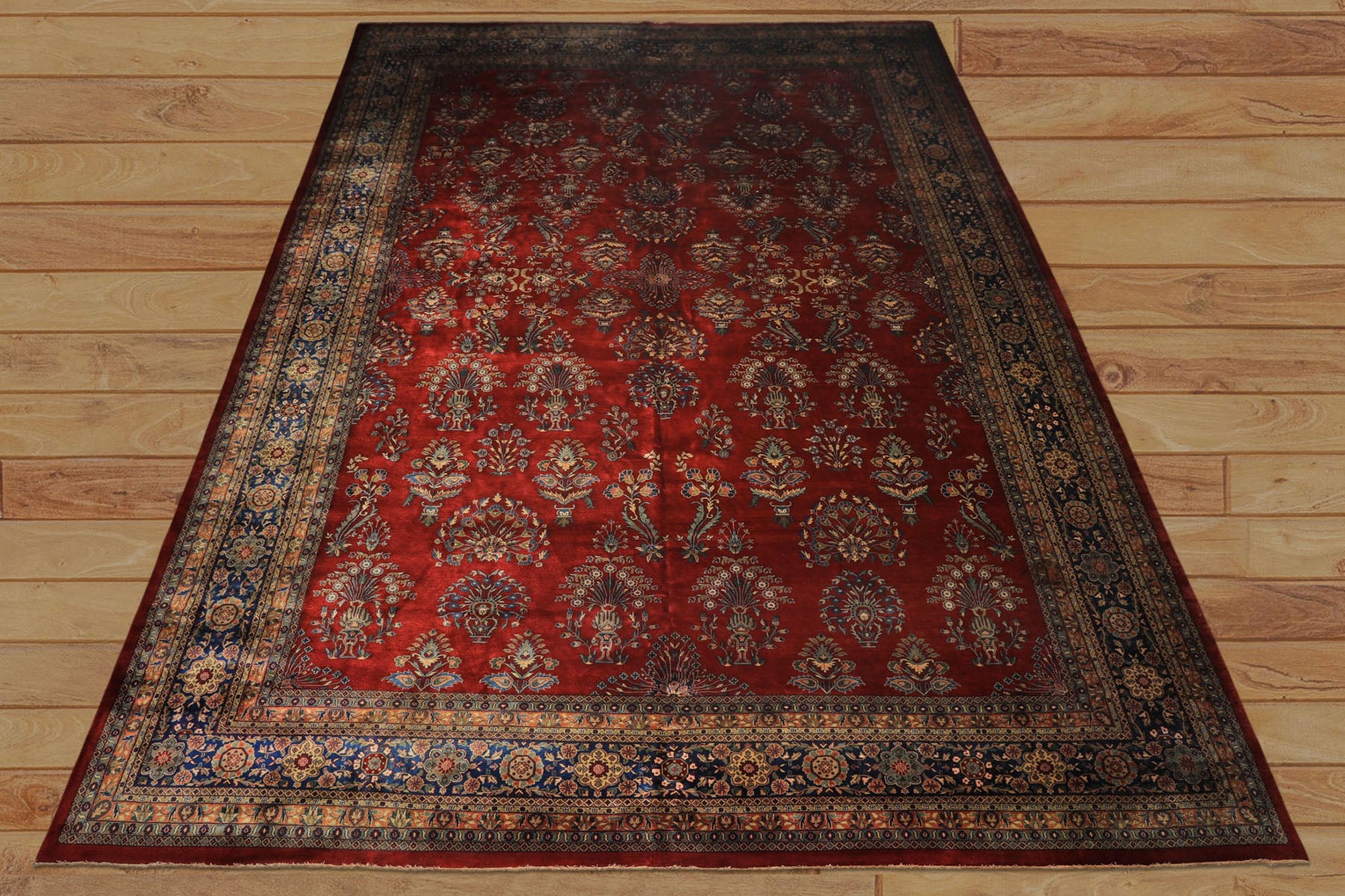 Runner Rusty Red, Navy, Mint Color Hand Knotted Sarouk New Zealand Wool Traditional Oriental Rug