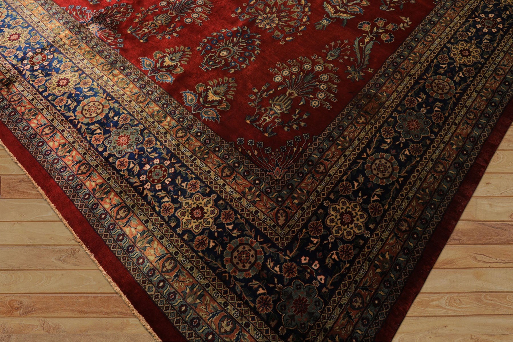Runner Rusty Red, Navy, Mint Color Hand Knotted Sarouk New Zealand Wool Traditional Oriental Rug