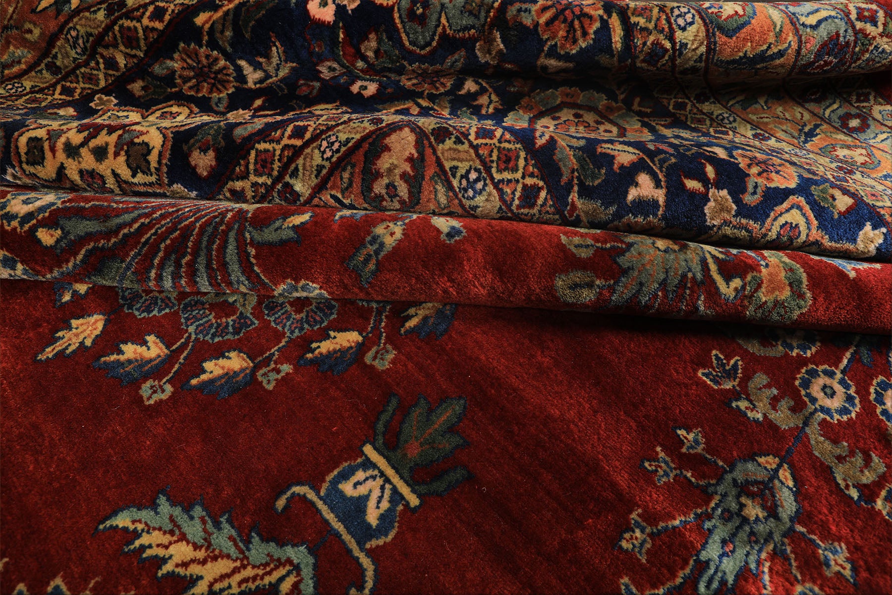 Runner Rusty Red, Navy, Mint Color Hand Knotted Sarouk New Zealand Wool Traditional Oriental Rug