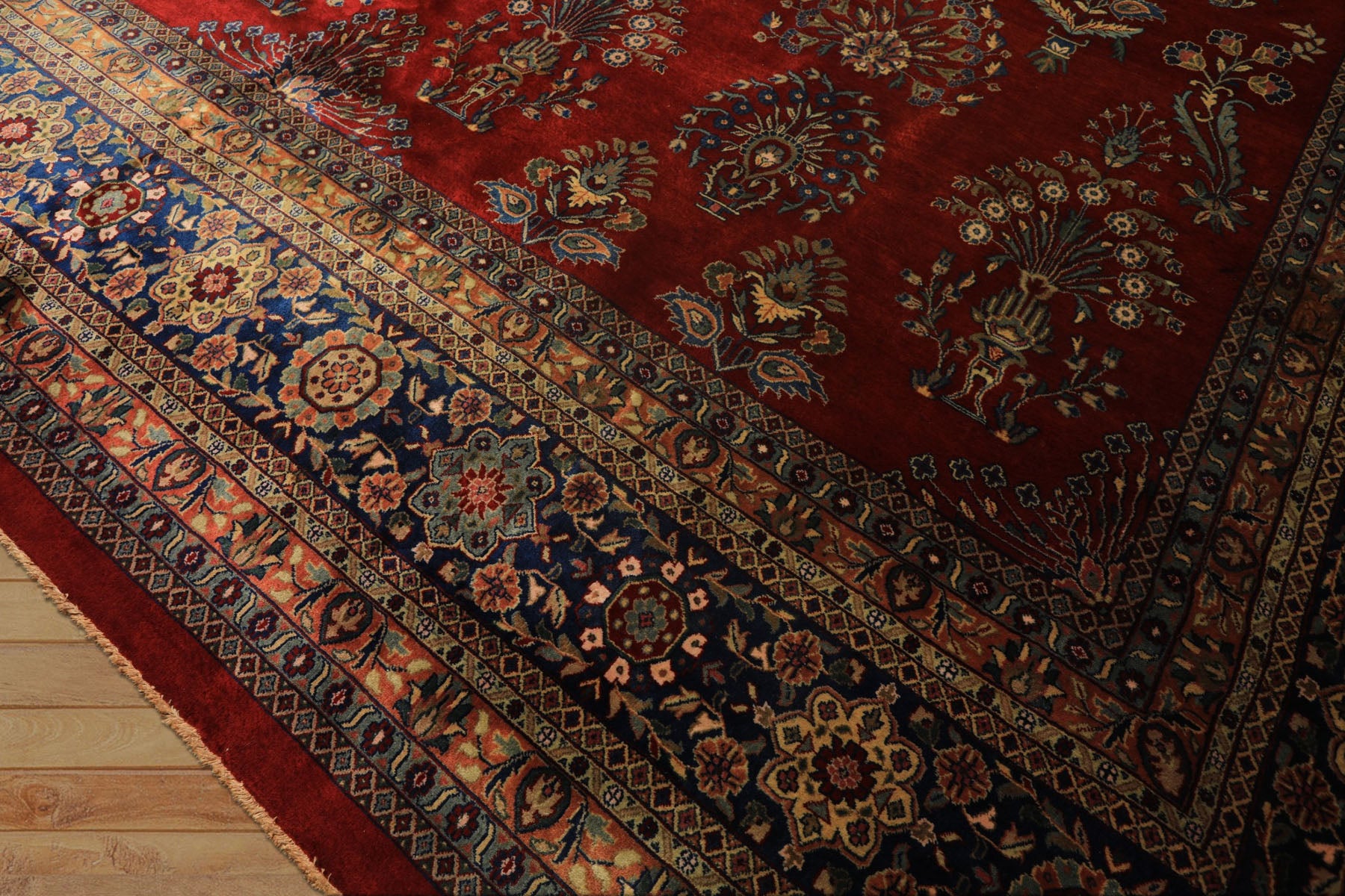 Runner Rusty Red, Navy, Mint Color Hand Knotted Sarouk New Zealand Wool Traditional Oriental Rug