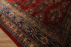 Runner Rusty Red, Navy, Mint Color Hand Knotted Sarouk New Zealand Wool Traditional Oriental Rug