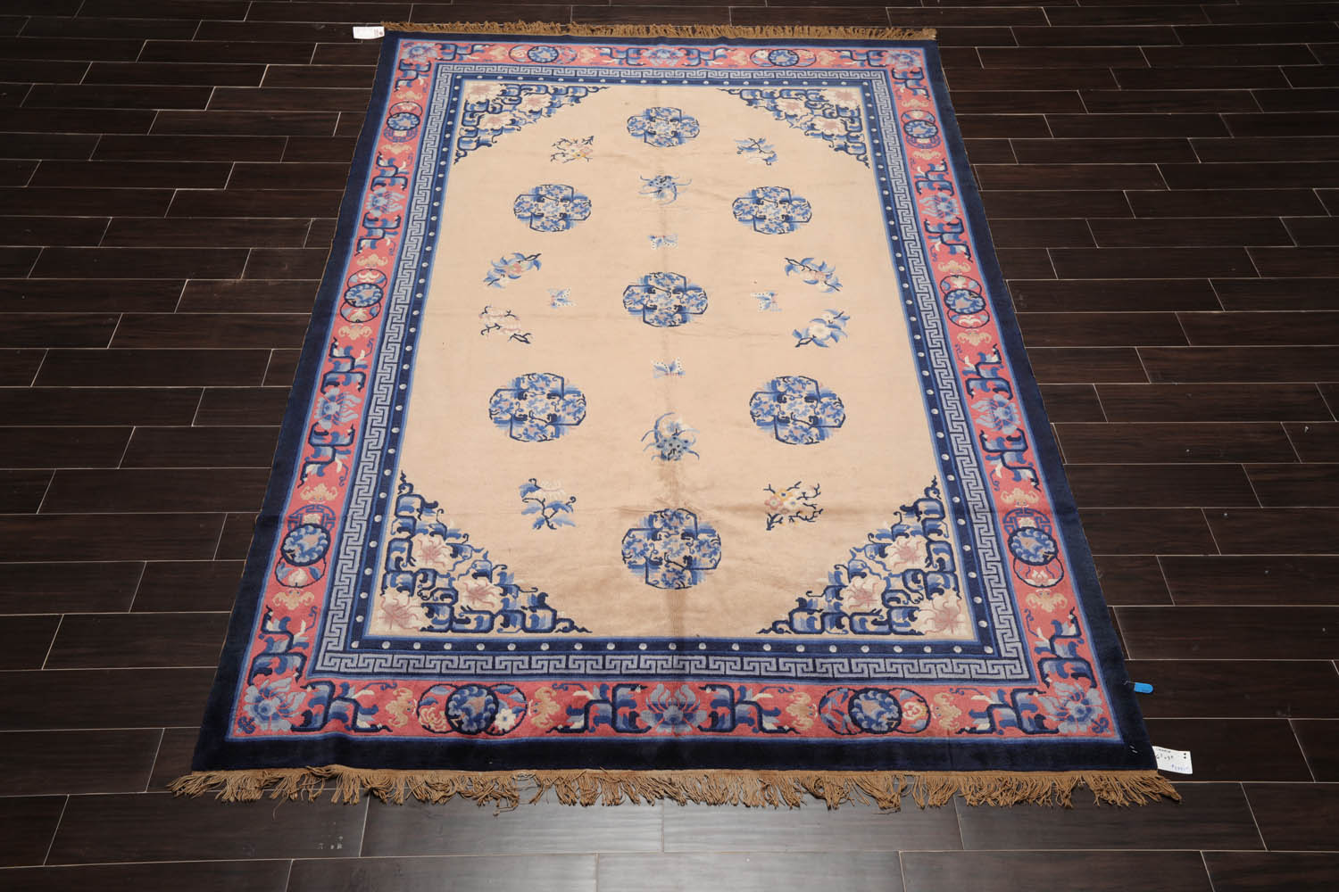 6x9 Beige, Navy, Rose Color Hand Knotted All-Over 100% Wool Traditional-Persian/Oriental Oriental Rug