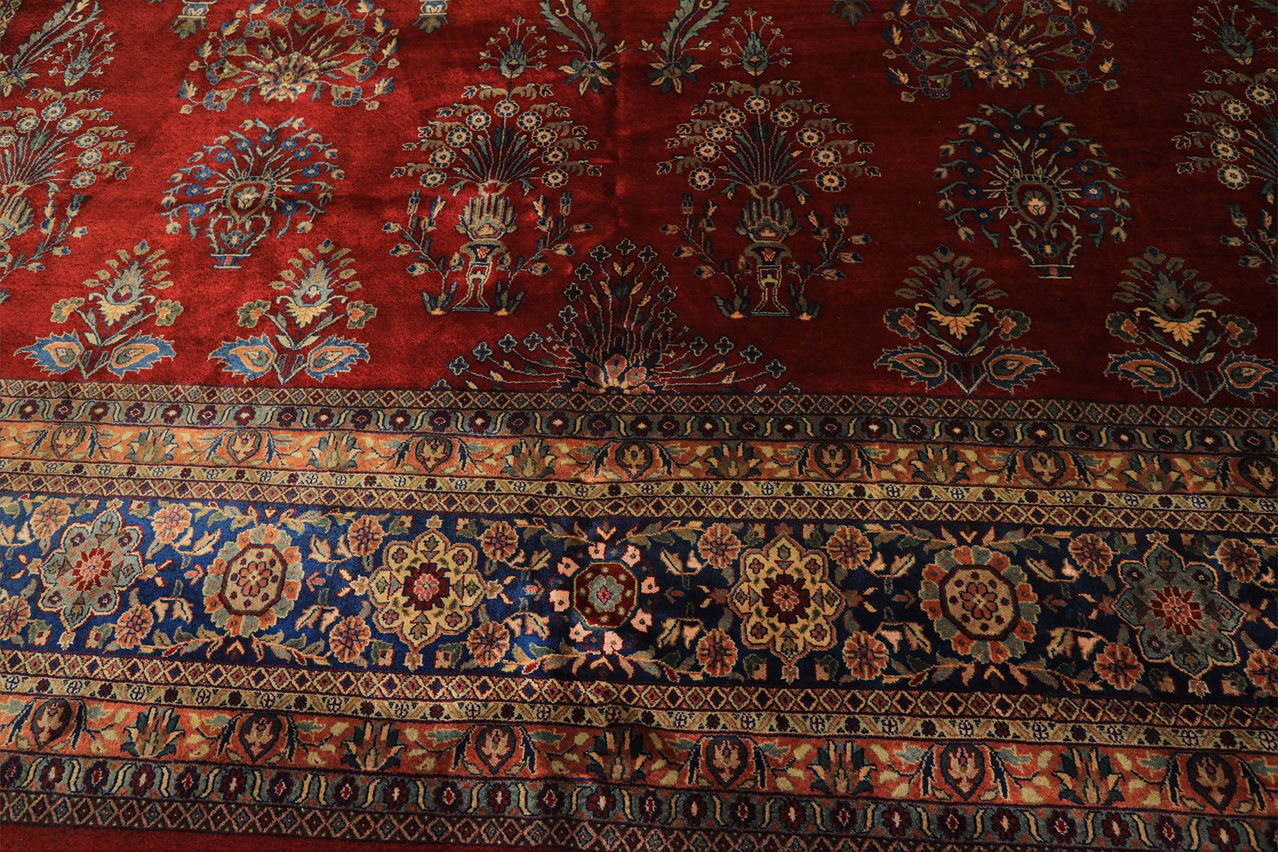 Runner Rusty Red, Navy, Mint Color Hand Knotted Sarouk New Zealand Wool Traditional Oriental Rug