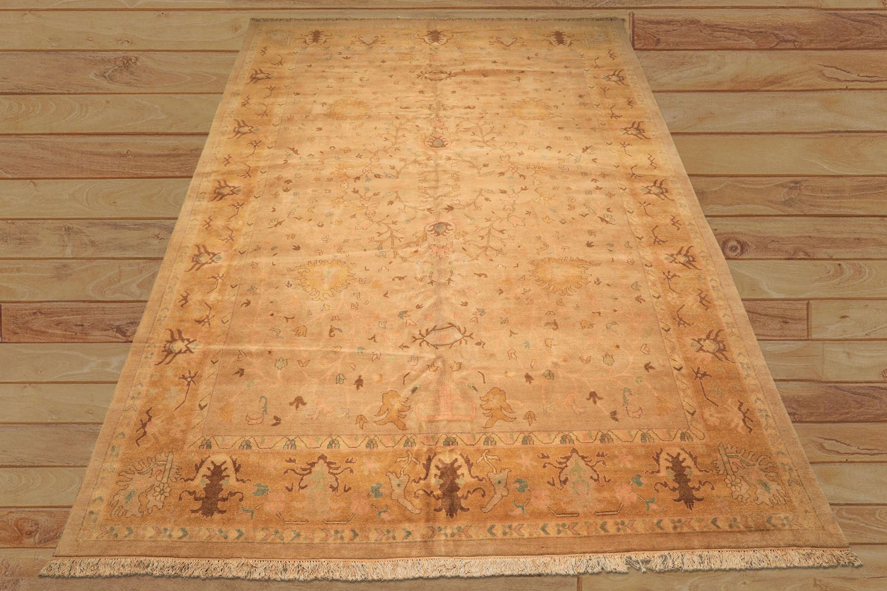 Palace Tan, Gold, Turquoise Color Hand Knotted Oushak Wool Transitional Oriental Rug