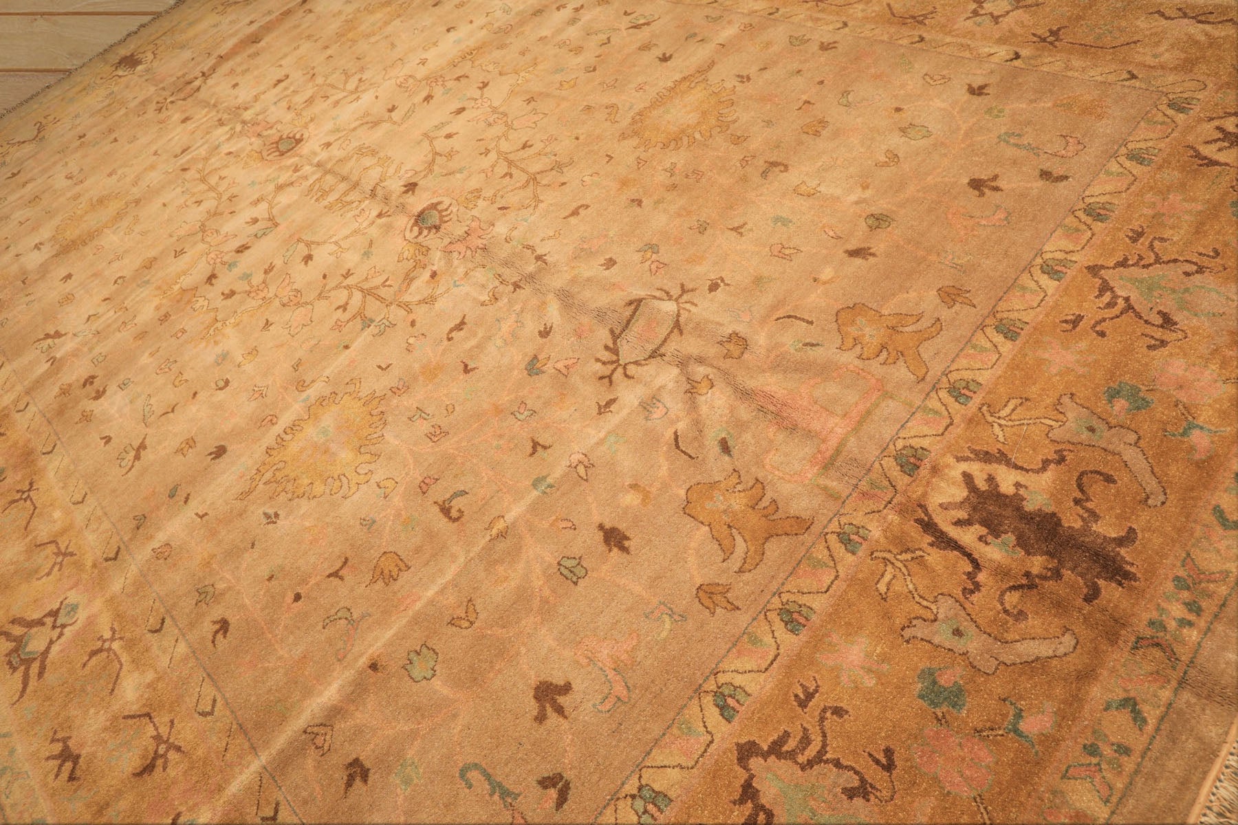 Palace Tan, Gold, Turquoise Color Hand Knotted Oushak Wool Transitional Oriental Rug