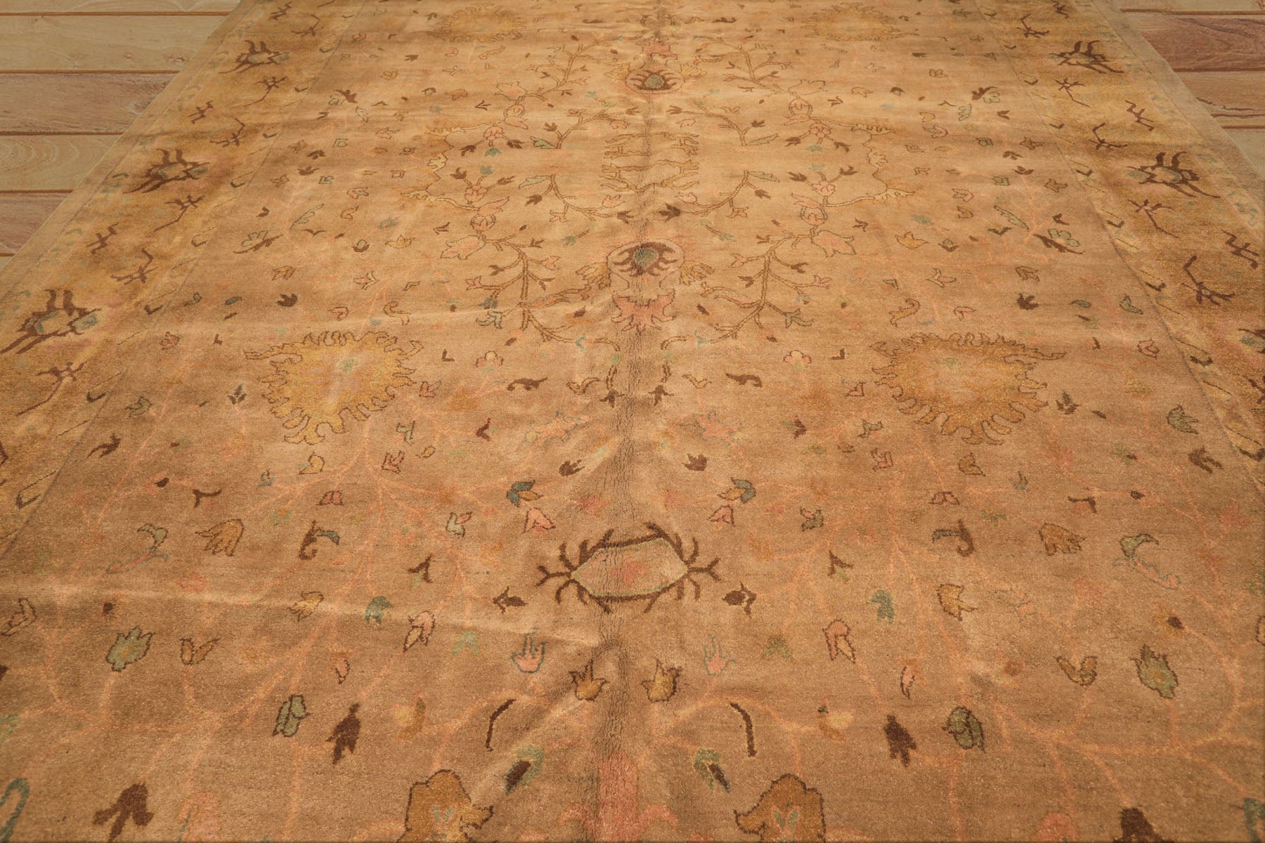 Palace Tan, Gold, Turquoise Color Hand Knotted Oushak Wool Transitional Oriental Rug
