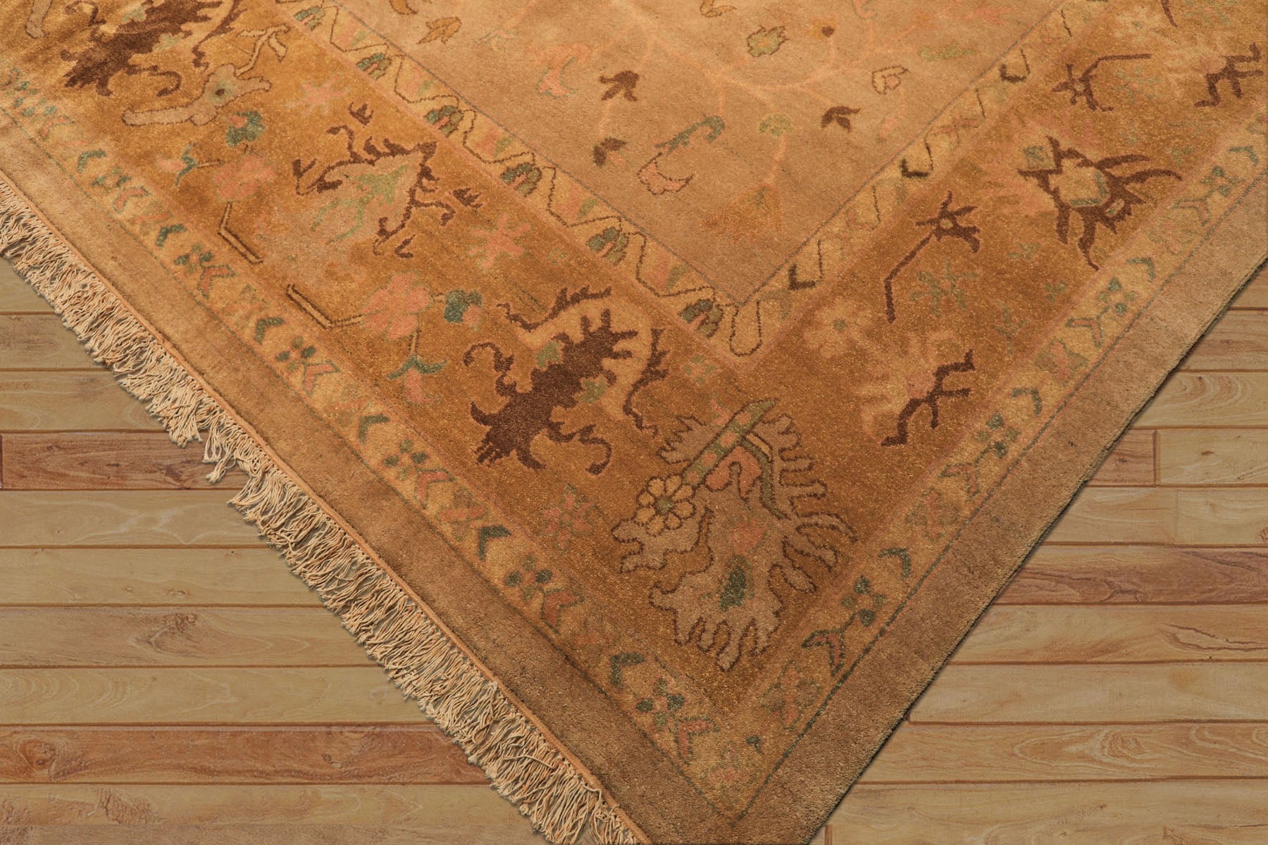 Palace Tan, Gold, Turquoise Color Hand Knotted Oushak Wool Transitional Oriental Rug