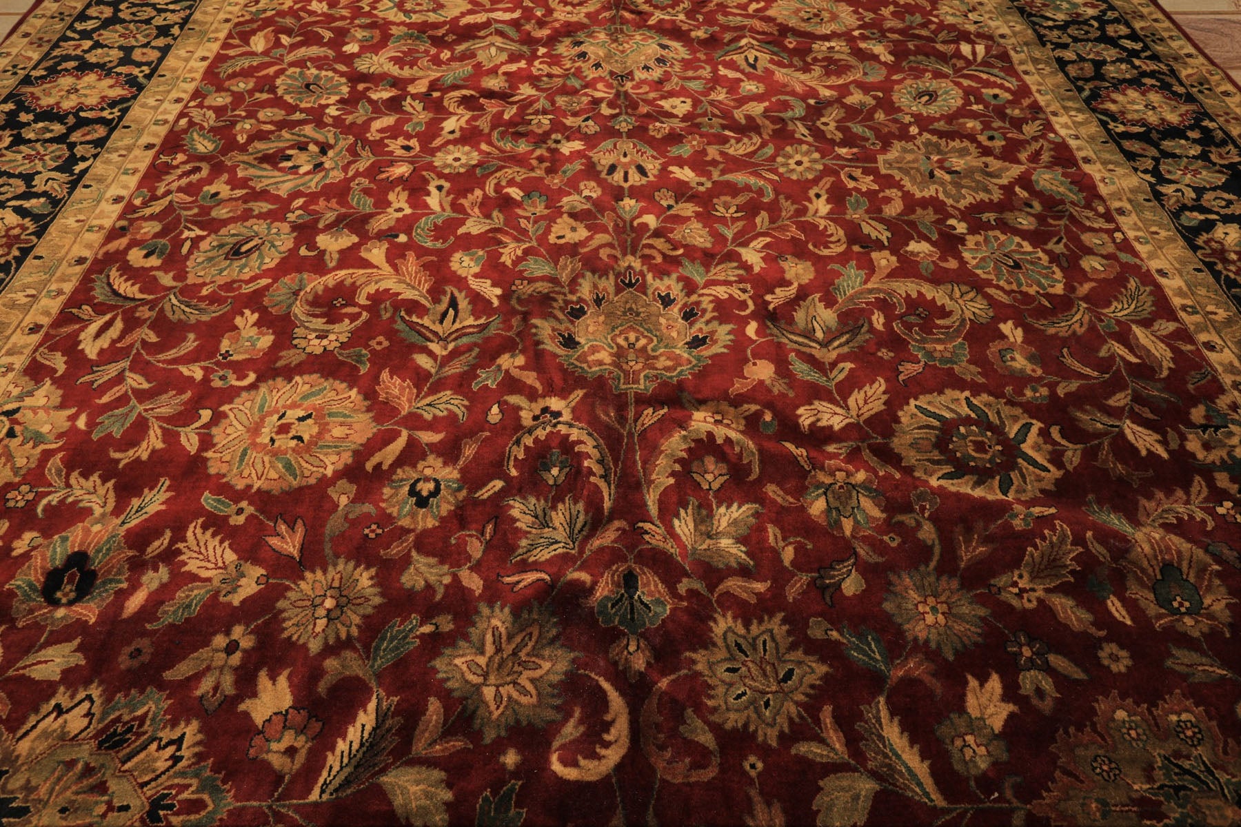12x18 Burgundy, Black, Green Color Hand Knotted Agra New Zealand Wool Traditional Oriental Rug