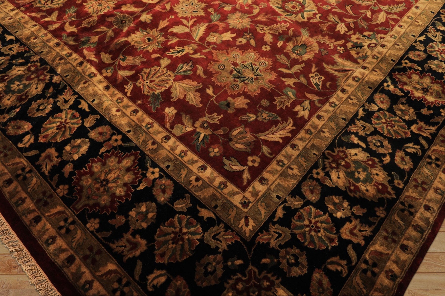 12x18 Burgundy, Black, Green Color Hand Knotted Agra New Zealand Wool Traditional Oriental Rug
