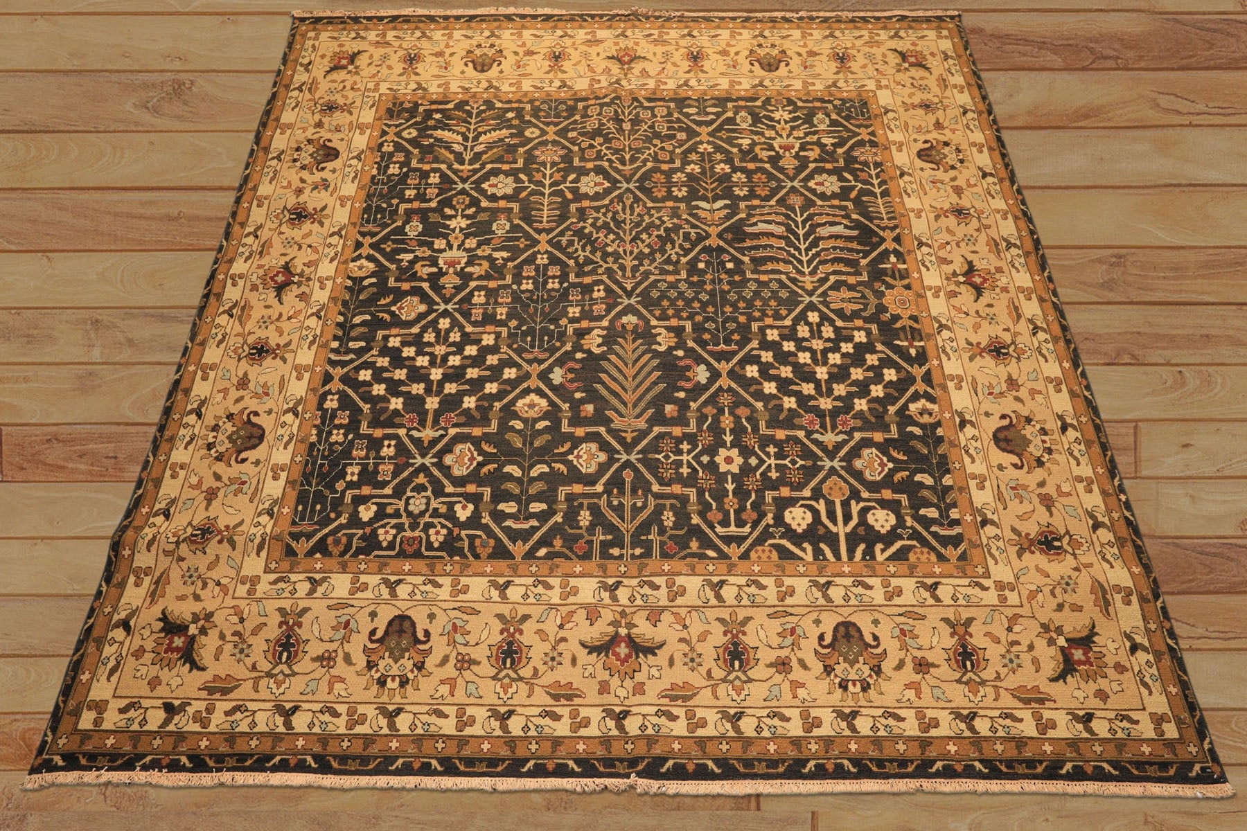 Square Charcoal, Tan, Rust Color Hand Knotted Soumak Wool Transitional Oriental Rug