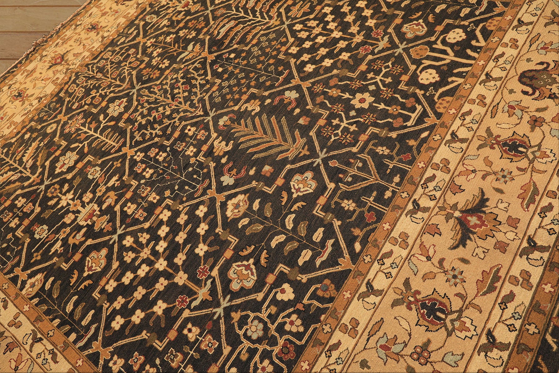 Square Charcoal, Tan, Rust Color Hand Knotted Soumak Wool Transitional Oriental Rug