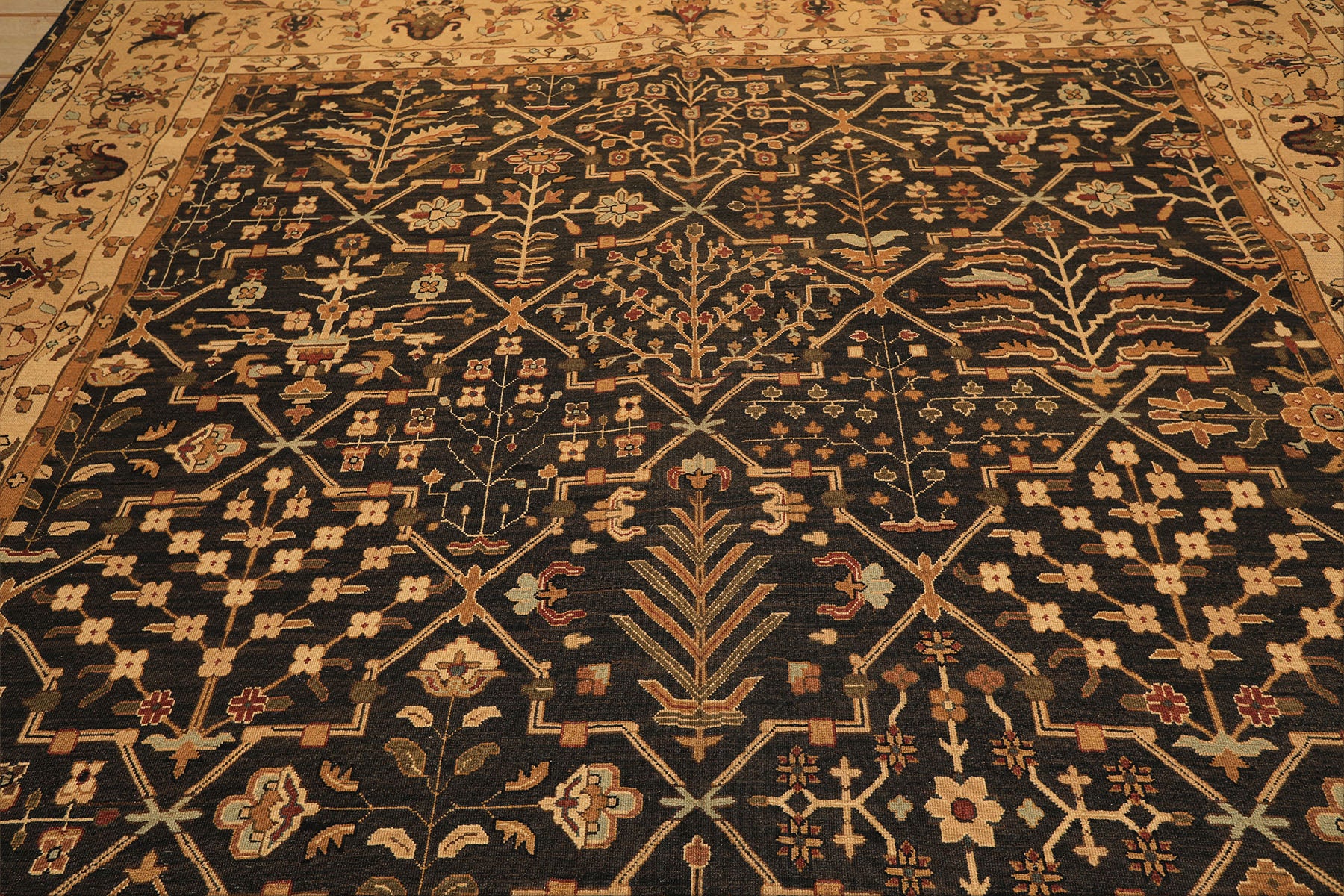 Square Charcoal, Tan, Rust Color Hand Knotted Soumak Wool Transitional Oriental Rug