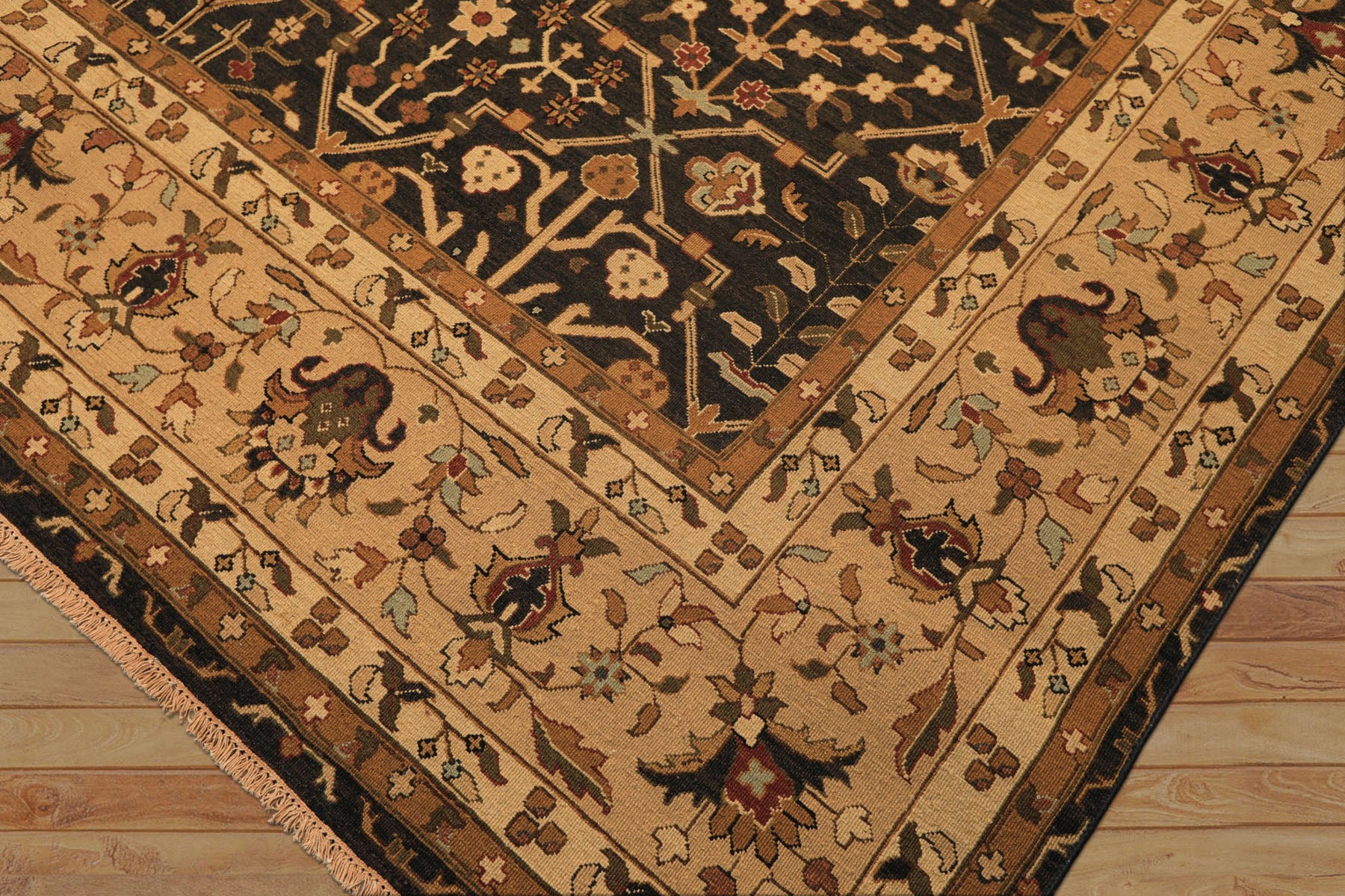 Square Charcoal, Tan, Rust Color Hand Knotted Soumak Wool Transitional Oriental Rug