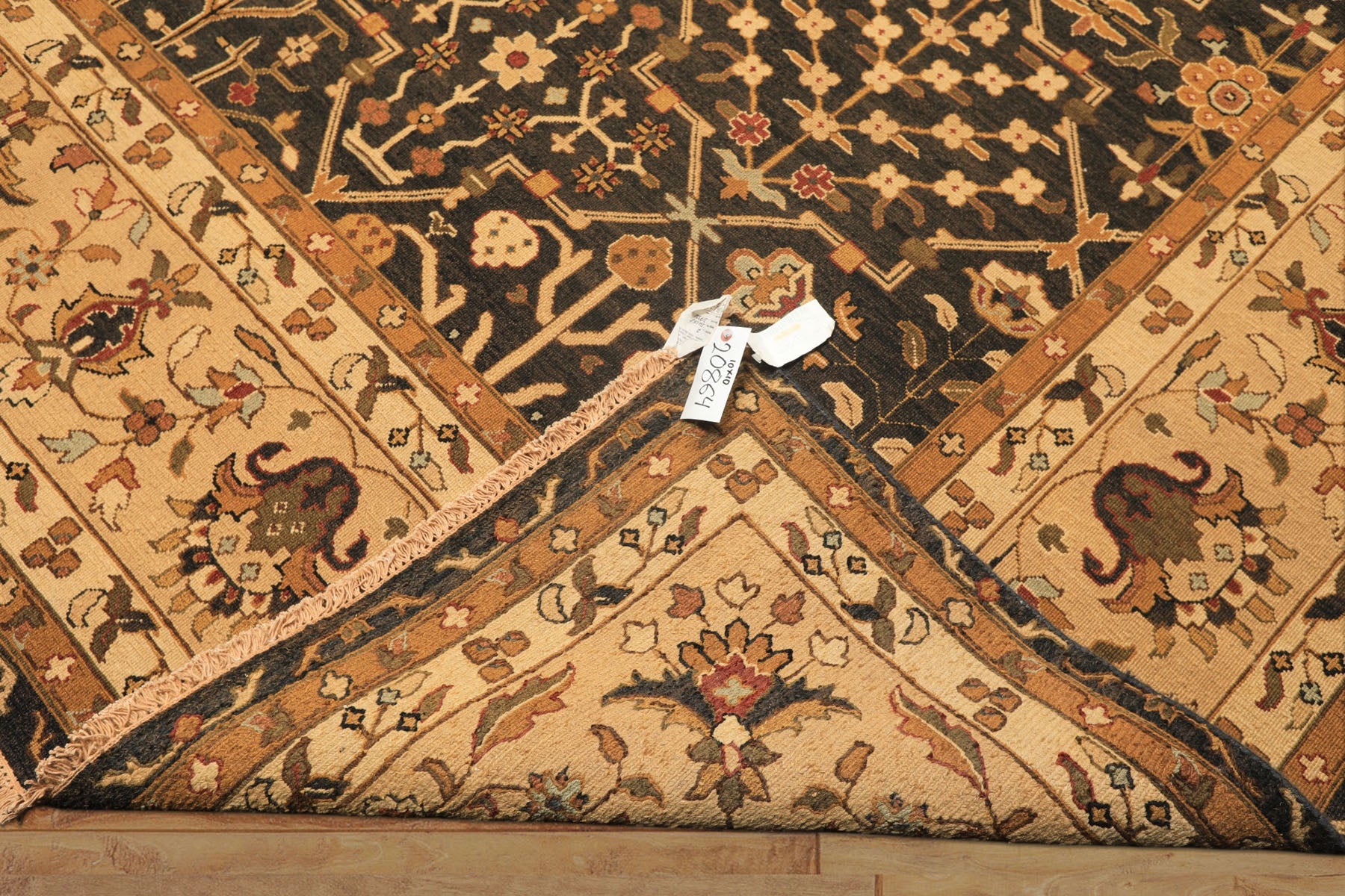 Square Charcoal, Tan, Rust Color Hand Knotted Soumak Wool Transitional Oriental Rug