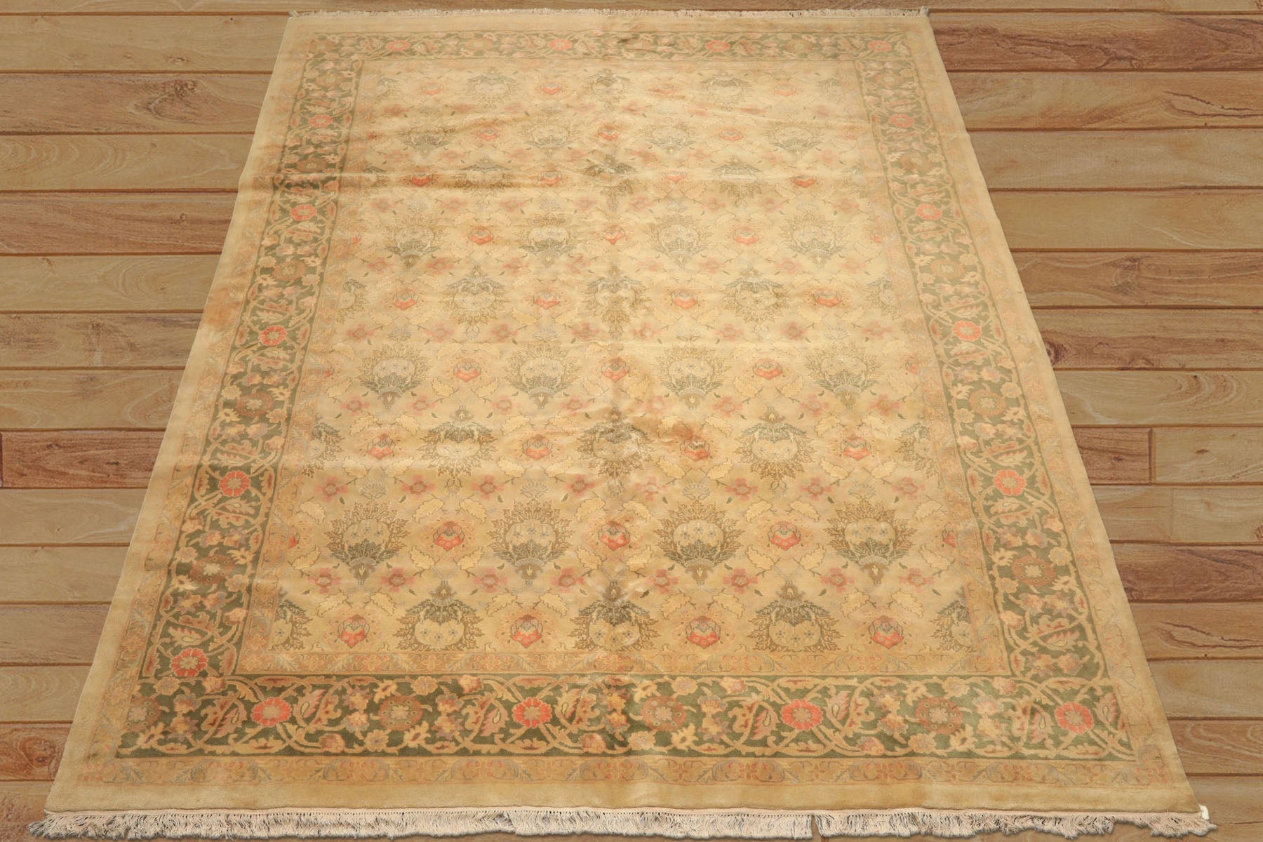 9x13 Beige, Moss, Sage Color Hand Knotted Oushak Wool Transitional Oriental Rug