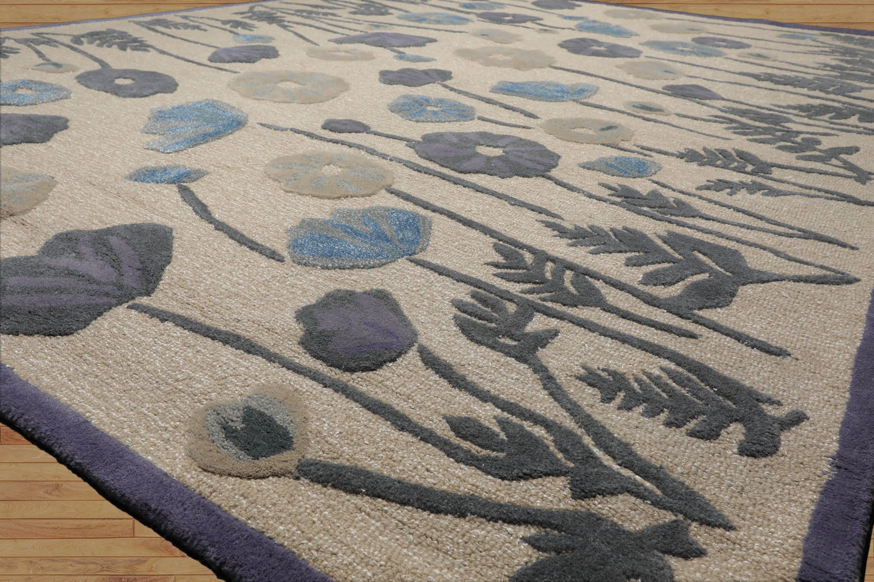 Jutin Multi Sizes Beige Wool and Silk Oriental  Rug by LoomBloom Contemporary Botanical Hand Tufted Design