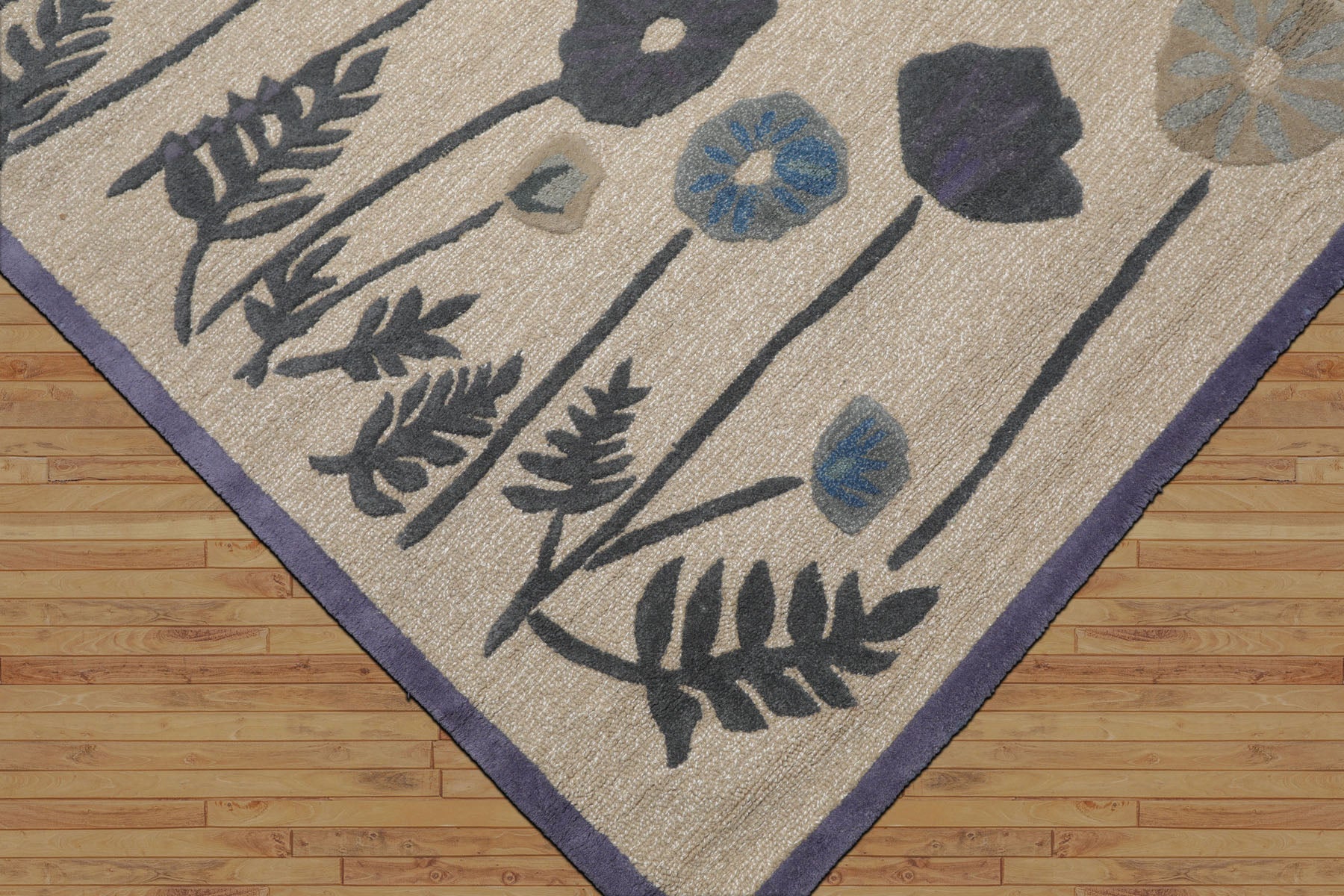 Jutin Multi Sizes Beige Wool and Silk Oriental  Rug by LoomBloom Contemporary Botanical Hand Tufted Design