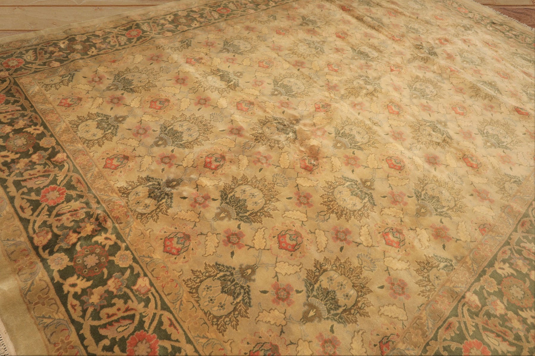 9x13 Beige, Moss, Sage Color Hand Knotted Oushak Wool Transitional Oriental Rug