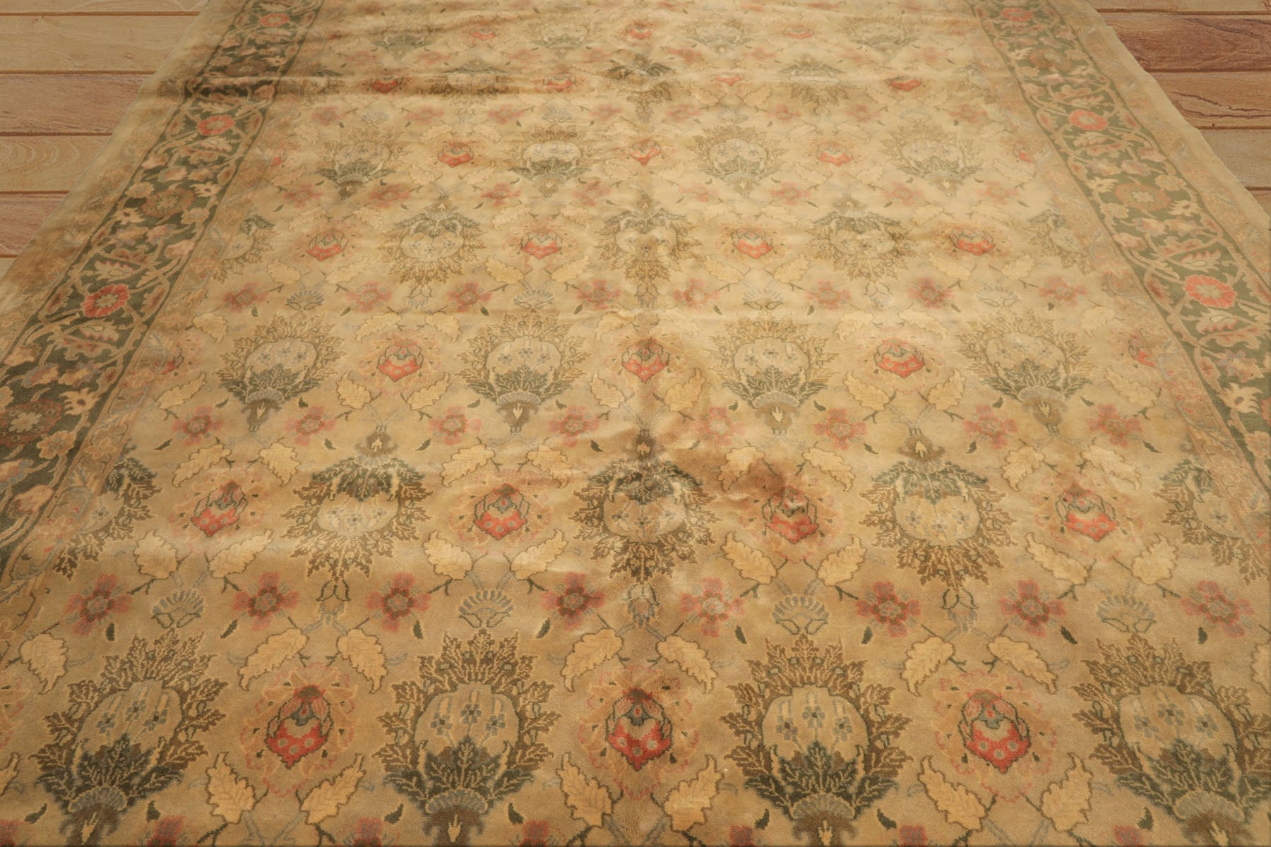 9x13 Beige, Moss, Sage Color Hand Knotted Oushak Wool Transitional Oriental Rug