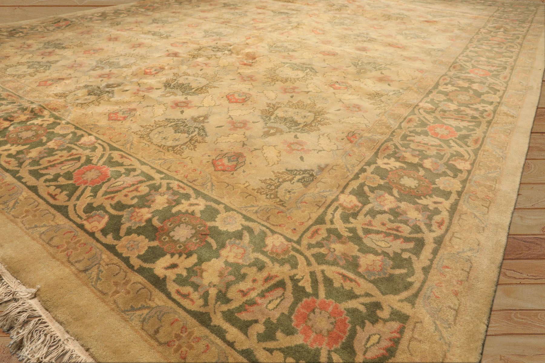 9x13 Beige, Moss, Sage Color Hand Knotted Oushak Wool Transitional Oriental Rug