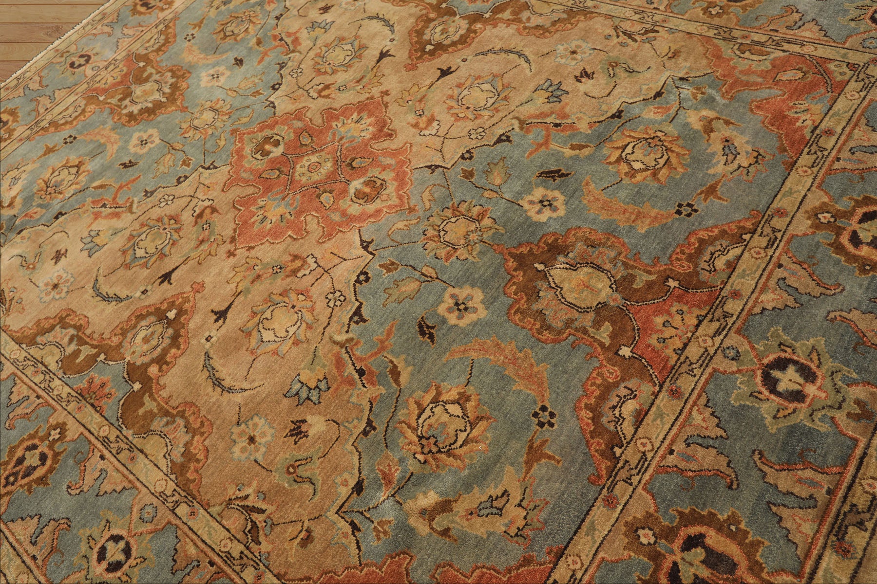 8x10 Tan, Aqua, Beige Color Hand Knotted Oushak Wool Traditional/ Floral Oriental Rug