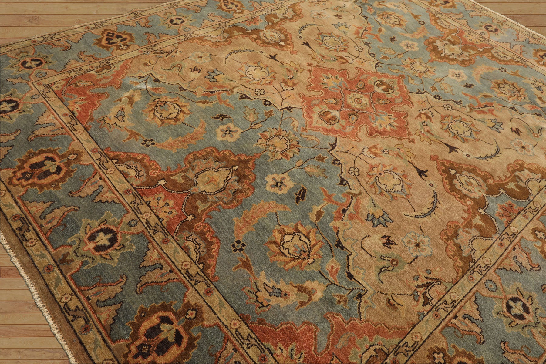 8x10 Tan, Aqua, Beige Color Hand Knotted Oushak Wool Traditional/ Floral Oriental Rug